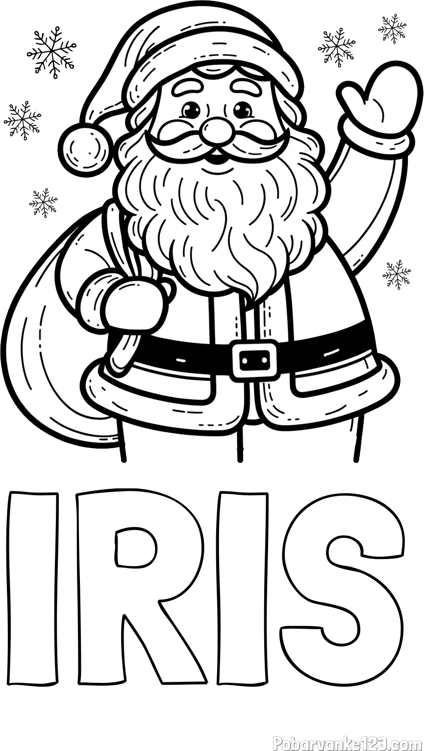 Pobarvanka imena IRIS in pobarvanka nasmejanega Božička s polno vrečo daril