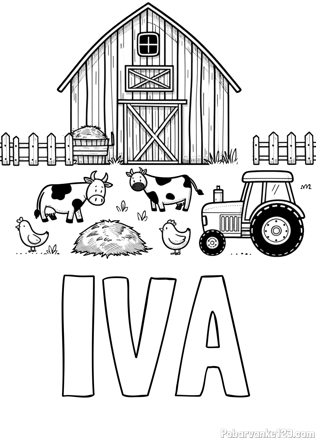 Pobarvanka imena IVA in otroška pobarvanka velikega senika, krav in traktorja