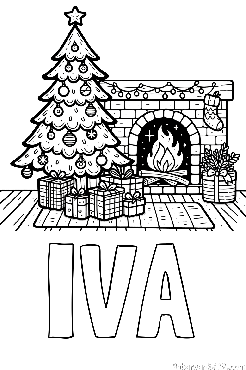 Pobarvanka imena IVA in pobarvanka božične noči z božično smrečico, darili ter kaminom