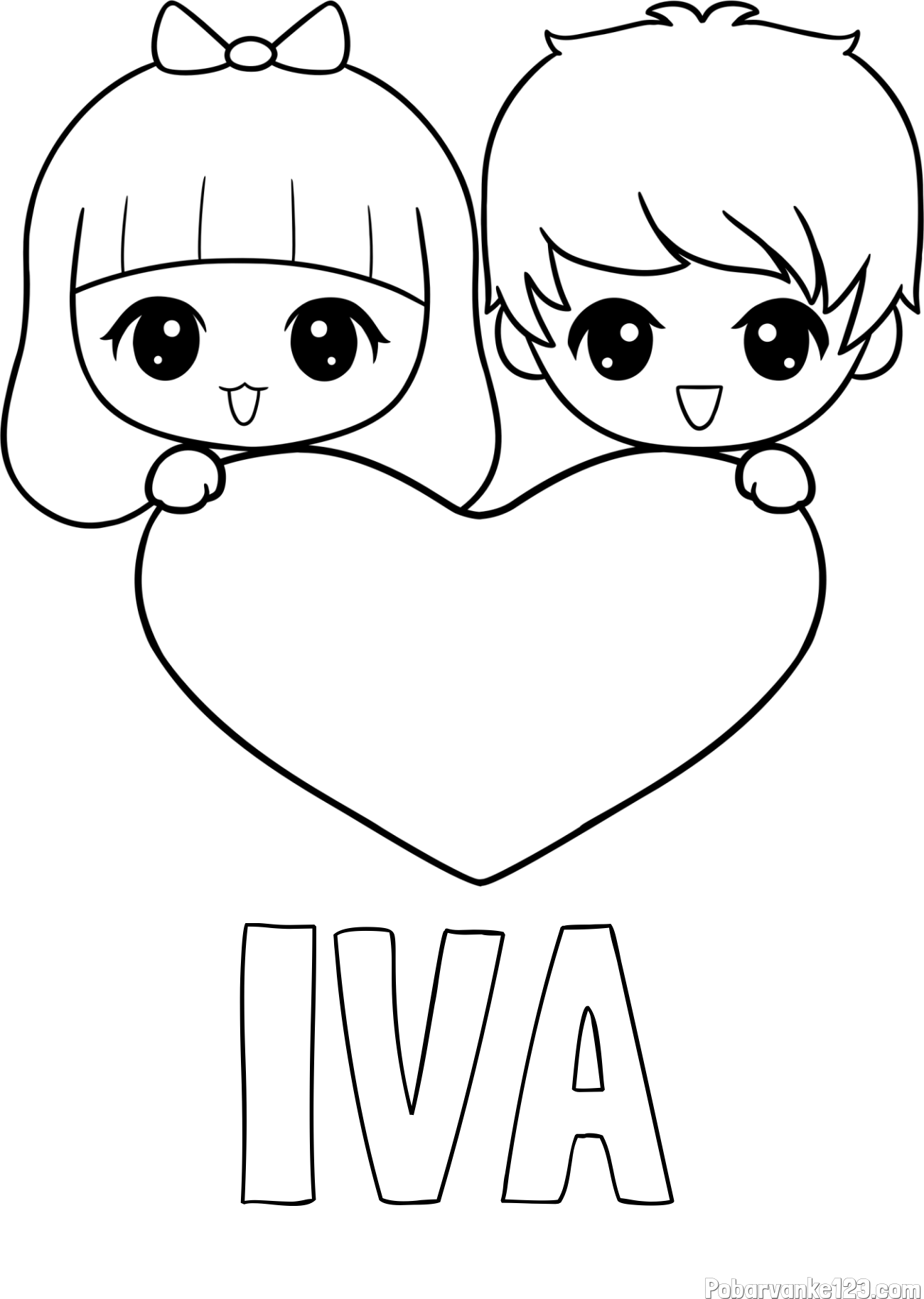 Pobarvanka imena IVA in pobarvanka fantka in deklice, ki objemata srček