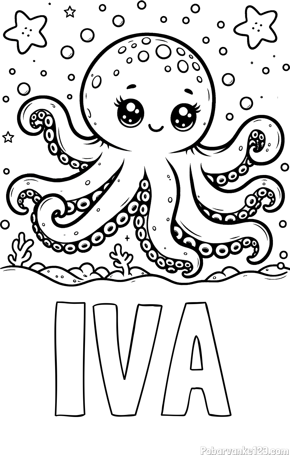 Pobarvanka imena IVA in pobarvanka hobotnice v morju obdane z morskimi zvezdami