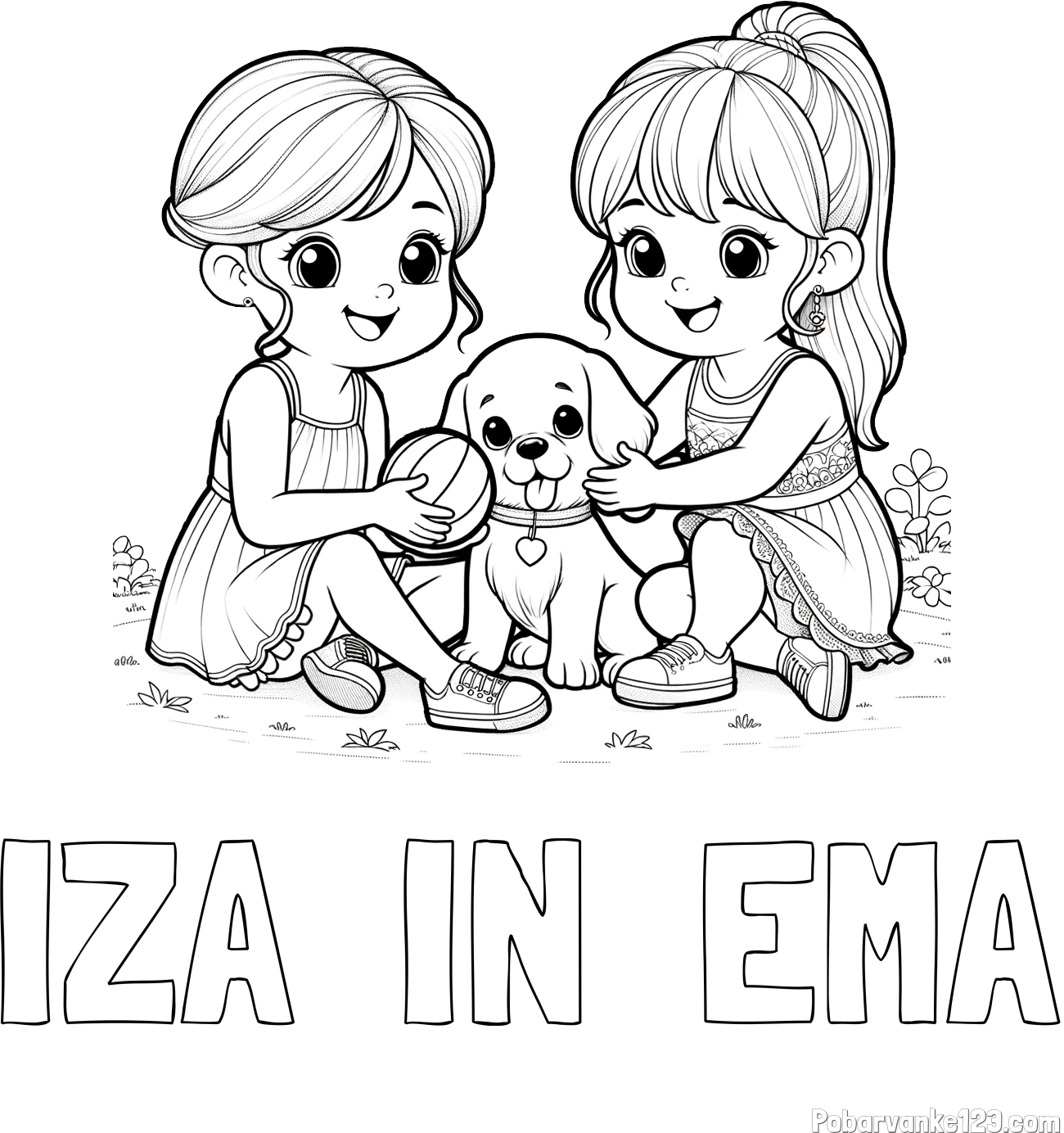 Pobarvanka imena IZA  IN  EMA in pobarvanka prijateljic s kužkom