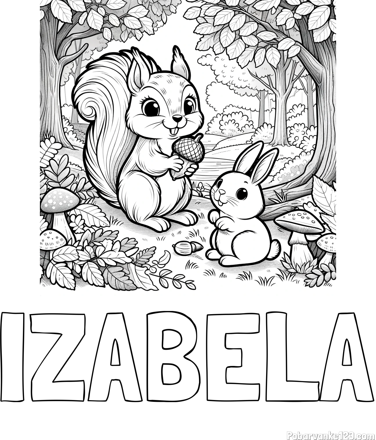 Pobarvanka imena IZABELA in pobarvanka veveričke in zajčka v gozdu