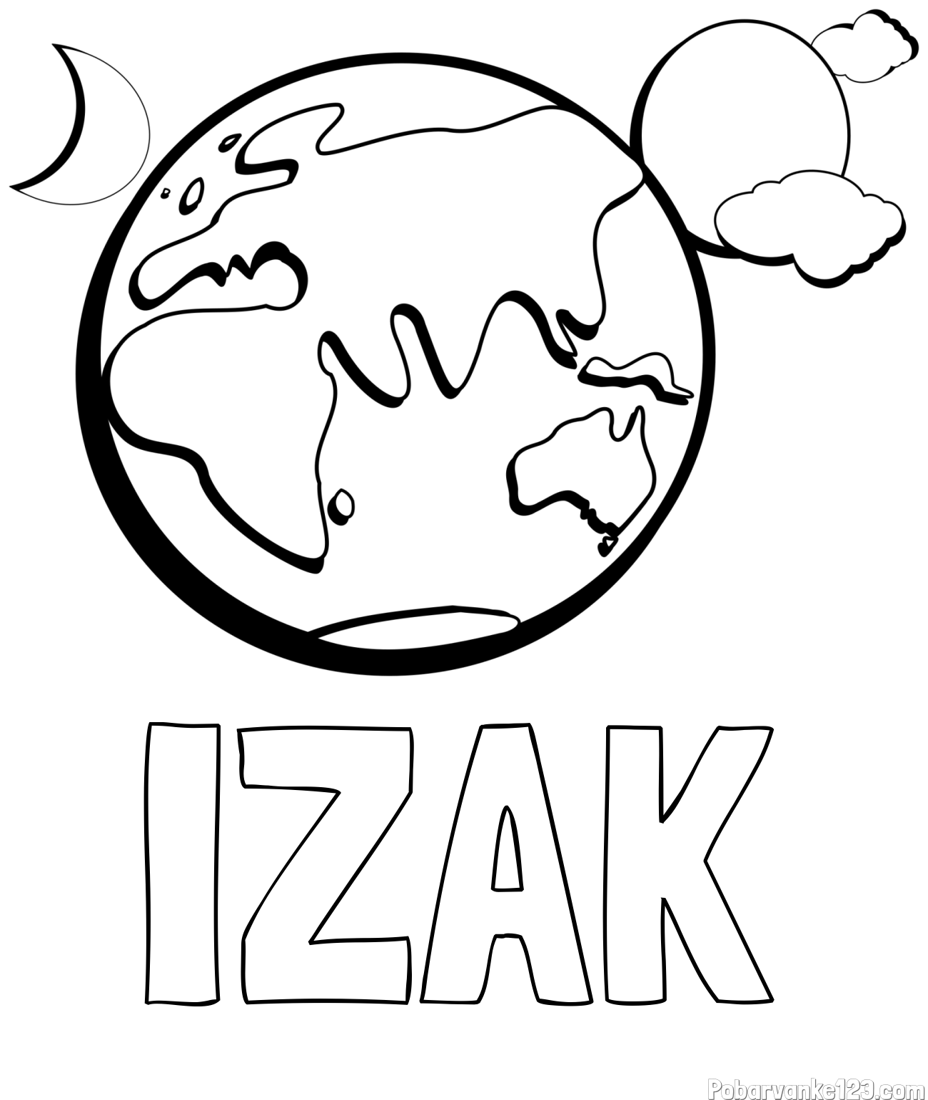 Pobarvanka imena IZAK in pobarvanka planeta Zemlje, lune ter sonca