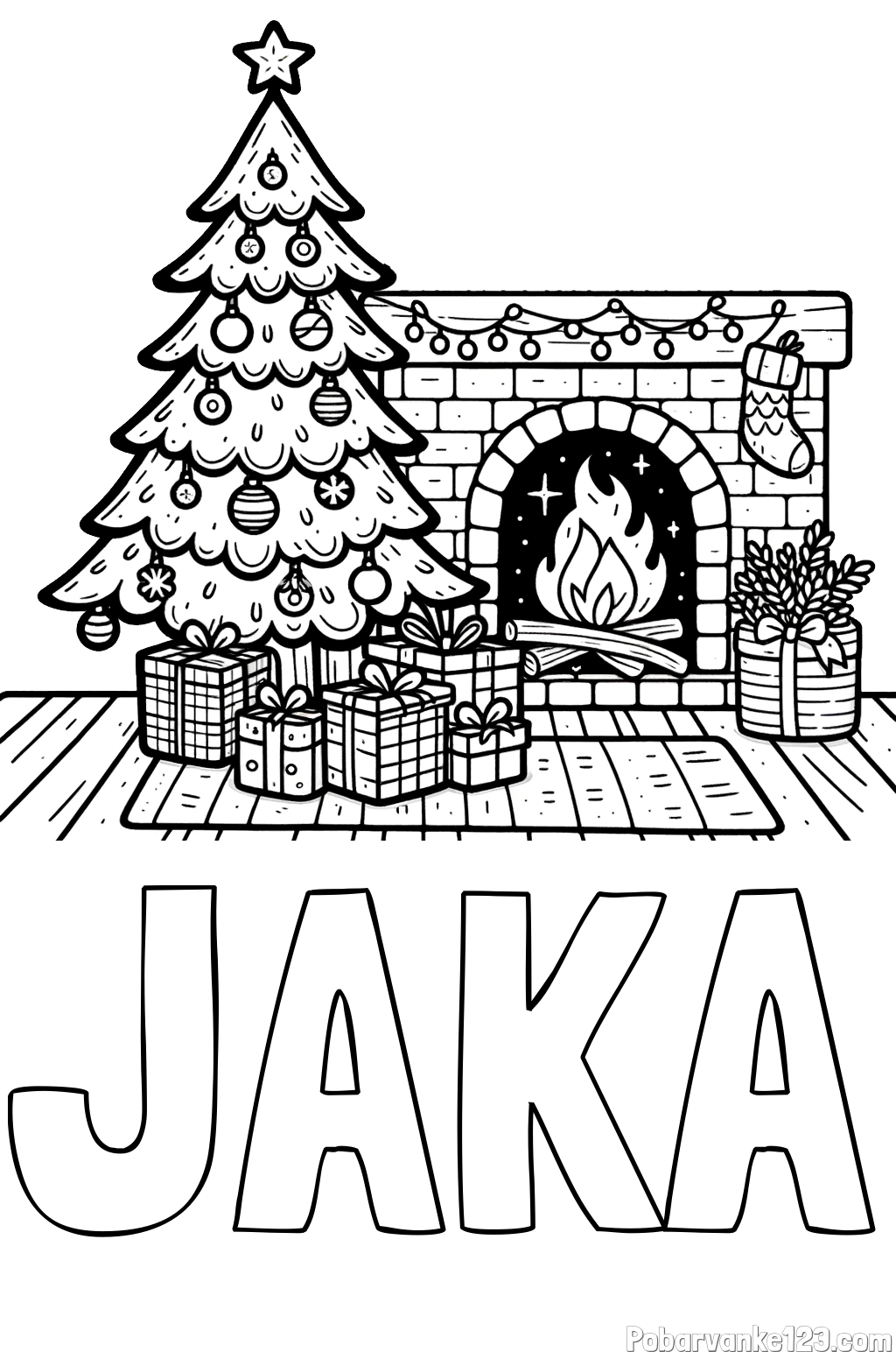 Pobarvanka imena JAKA in pobarvanka božične noči z božično smrečico, darili ter kaminom