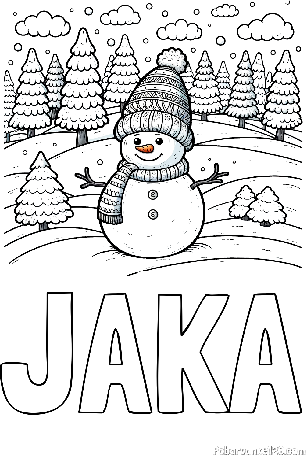 Pobarvanka imena JAKA in pobarvanka snežaka v naravi obdanega z zasneženimi smrekami