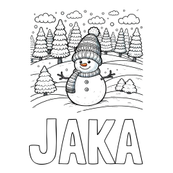 Pobarvanka imena JAKA in pobarvanka snežaka v naravi obdanega z zasneženimi smrekami