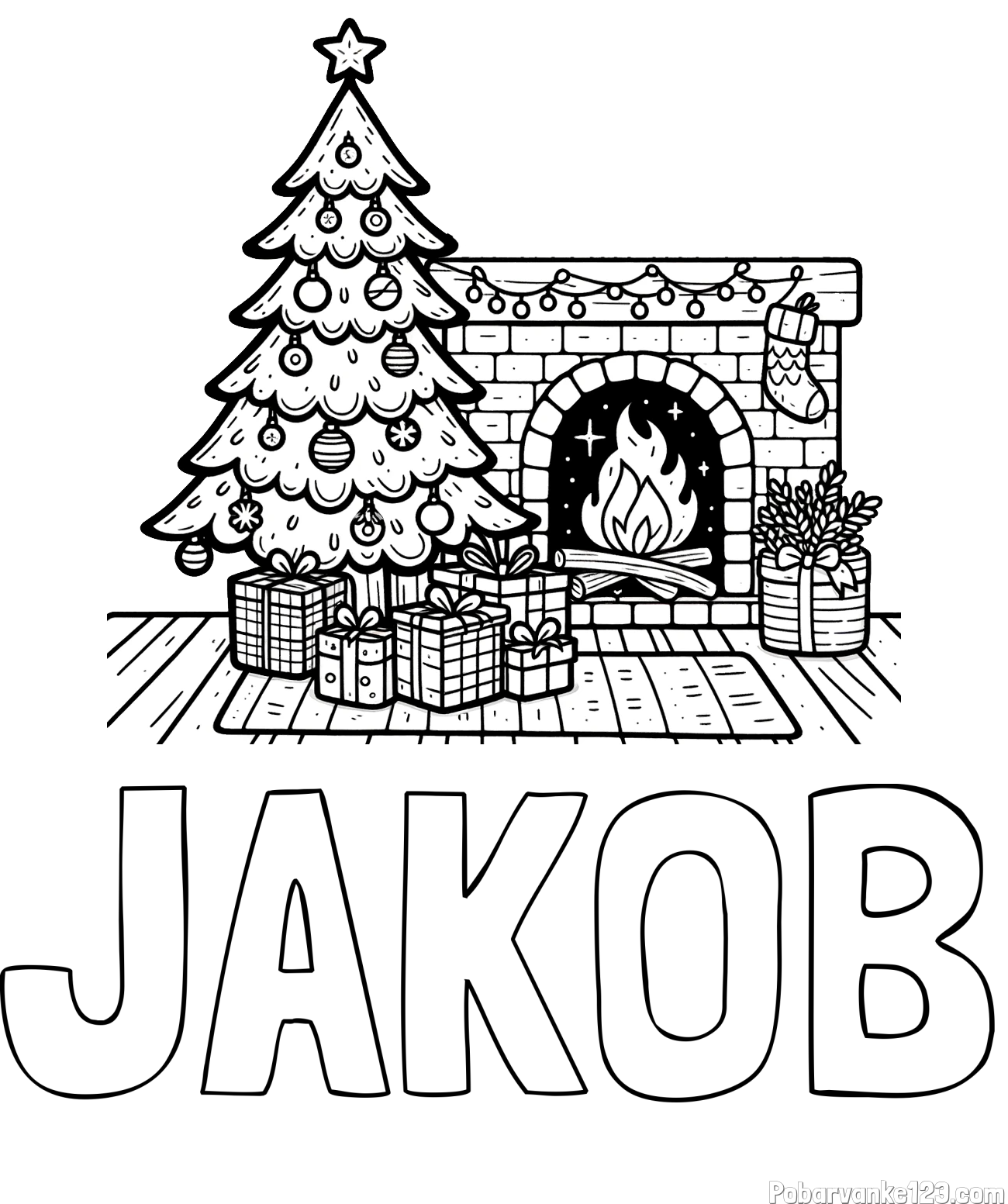 Pobarvanka imena JAKOB in pobarvanka božične noči z božično smrečico, darili ter kaminom