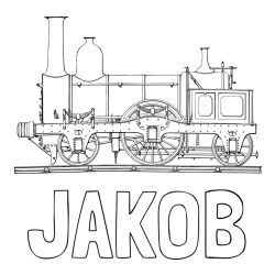 Online izdelana pobarvanka - Pobarvanka imena JAKOB in pobarvanka realistično upodobljene lokomotive