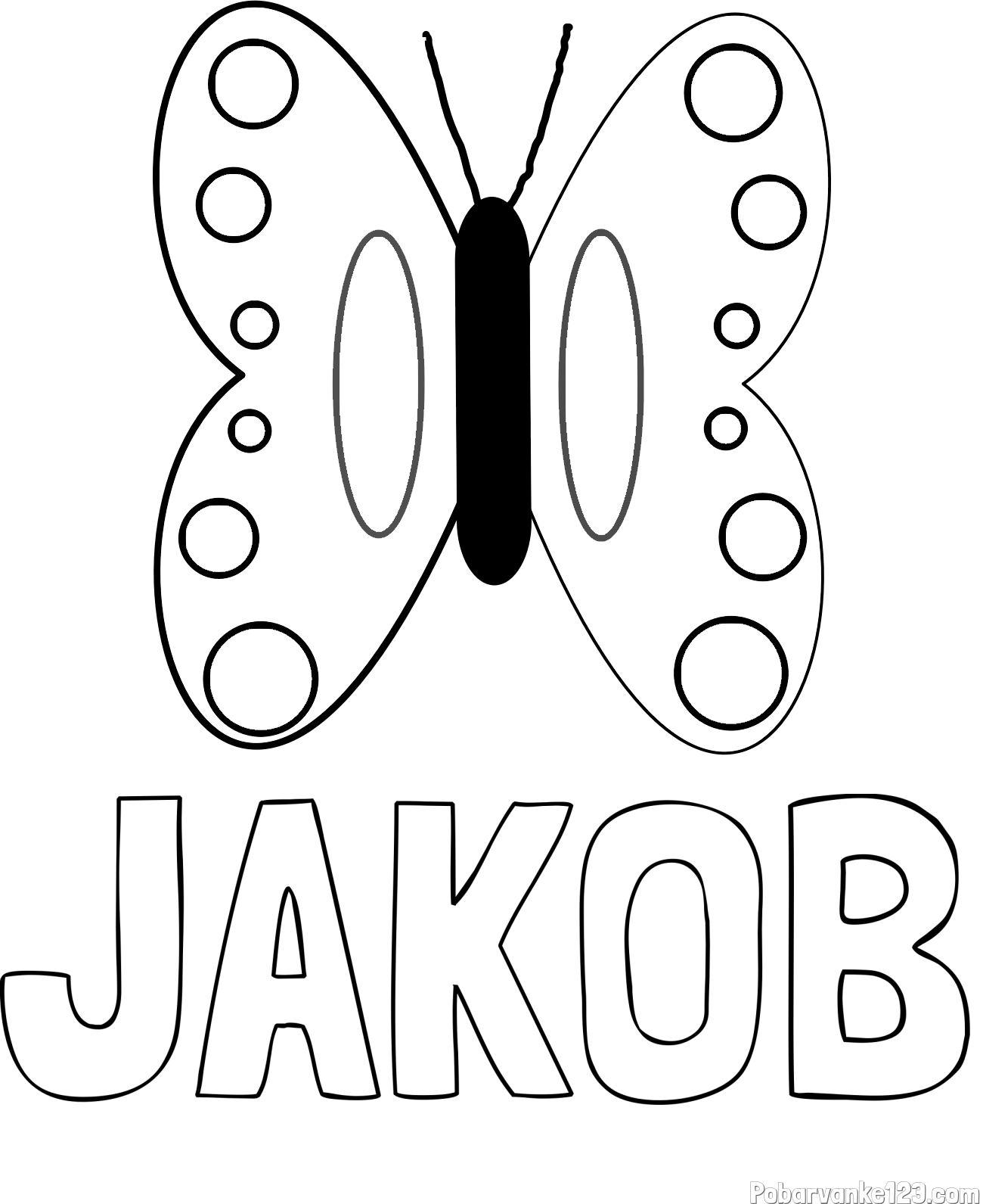 Pobarvanka imena JAKOB in preprosta otroška pobarvanka metuljčka