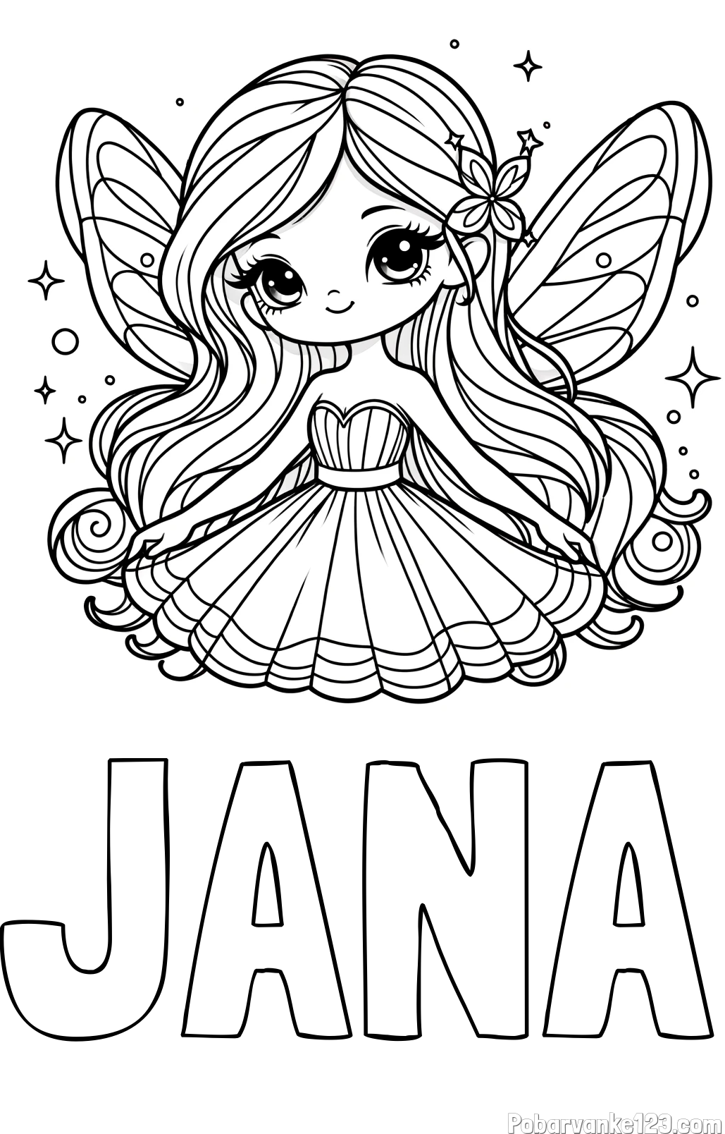Pobarvanka imena JANA in pobarvanka ljubke in nasmejane čarobne vile