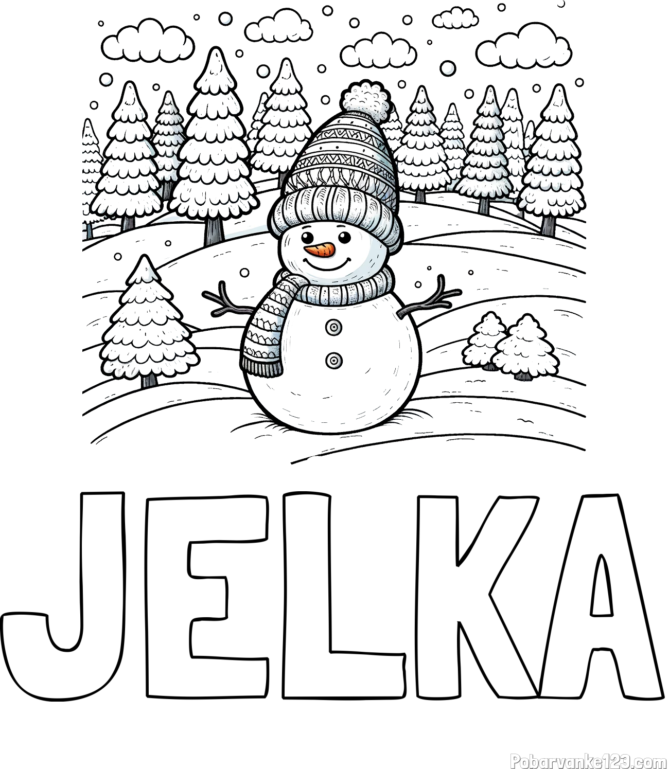Pobarvanka imena JELKA in pobarvanka snežaka v naravi obdanega z zasneženimi smrekami