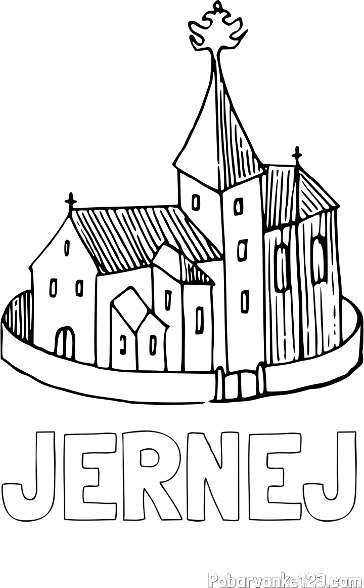 Pobarvanka imena JERNEJ in pobarvanka cerkve obdane z obzidjem