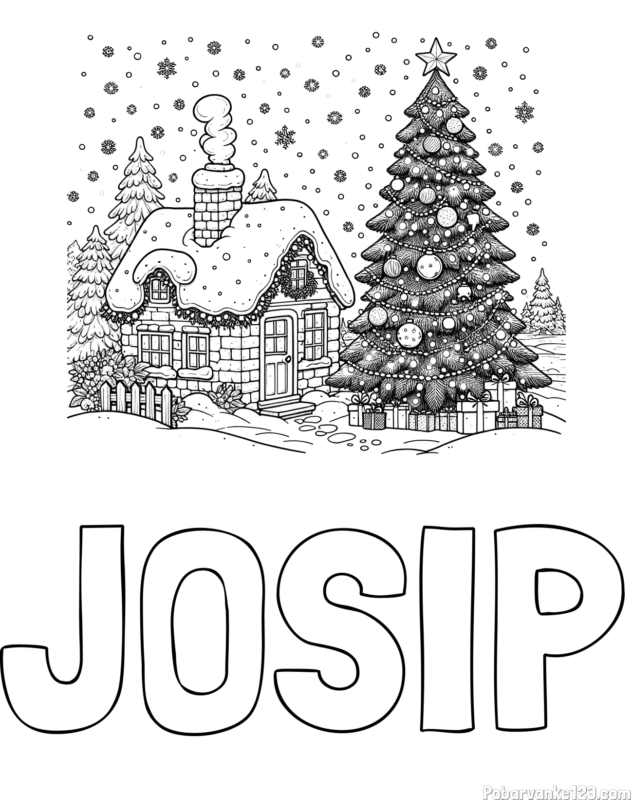 Pobarvanka imena JOSIP in pobarvanka zasnežene hiške na božično noč