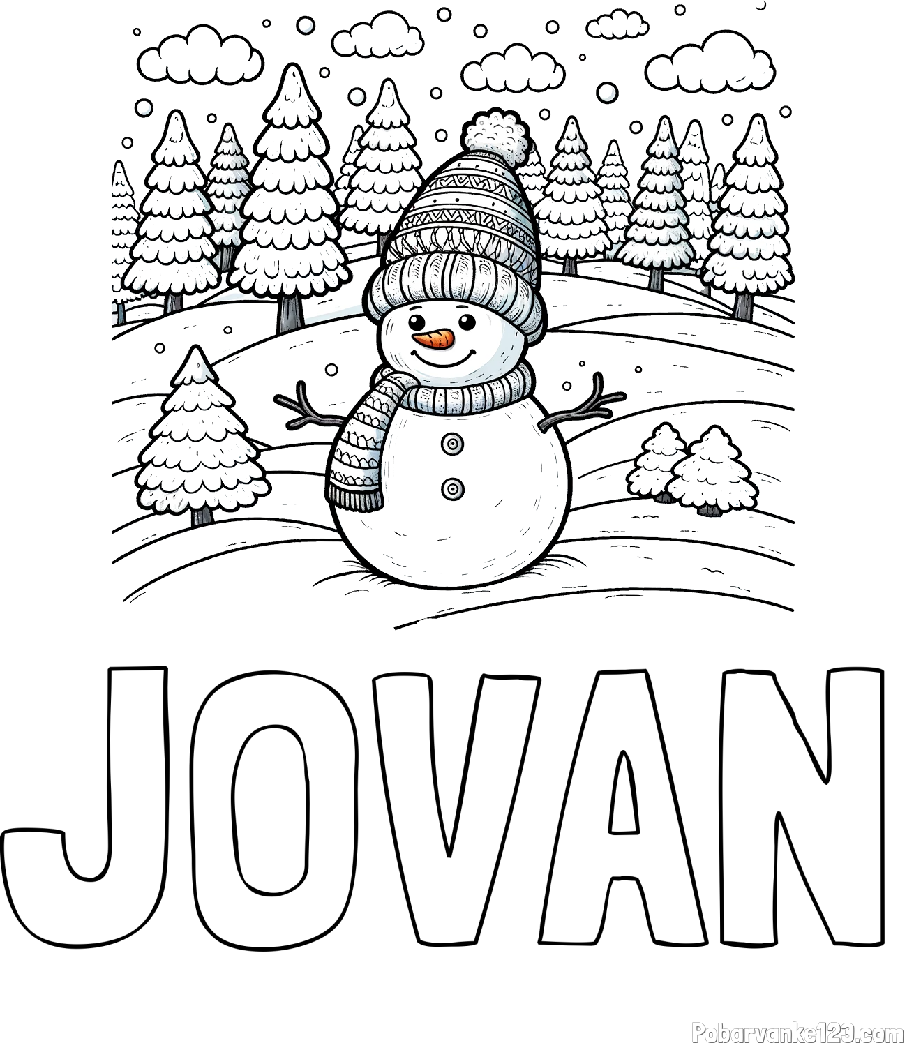 Pobarvanka imena JOVAN in pobarvanka snežaka v naravi obdanega z zasneženimi smrekami