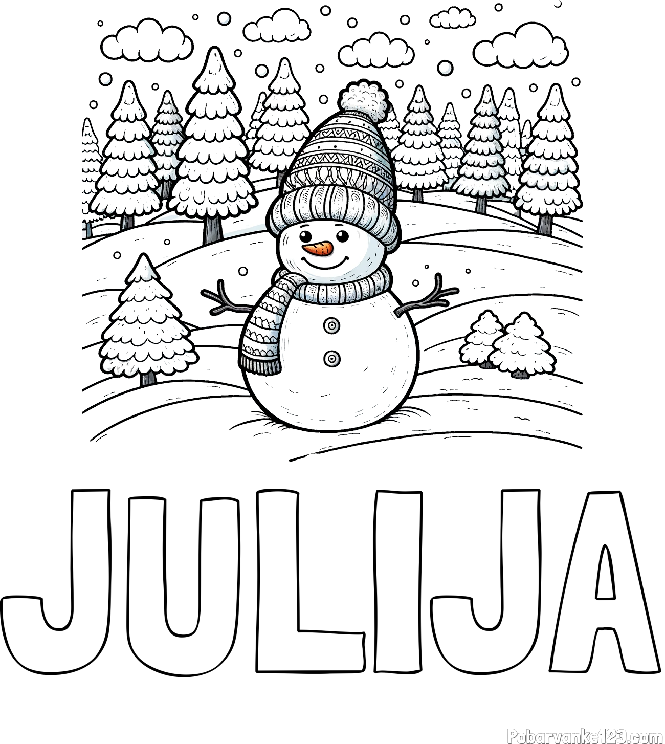 Pobarvanka imena JULIJA in pobarvanka snežaka v naravi obdanega z zasneženimi smrekami