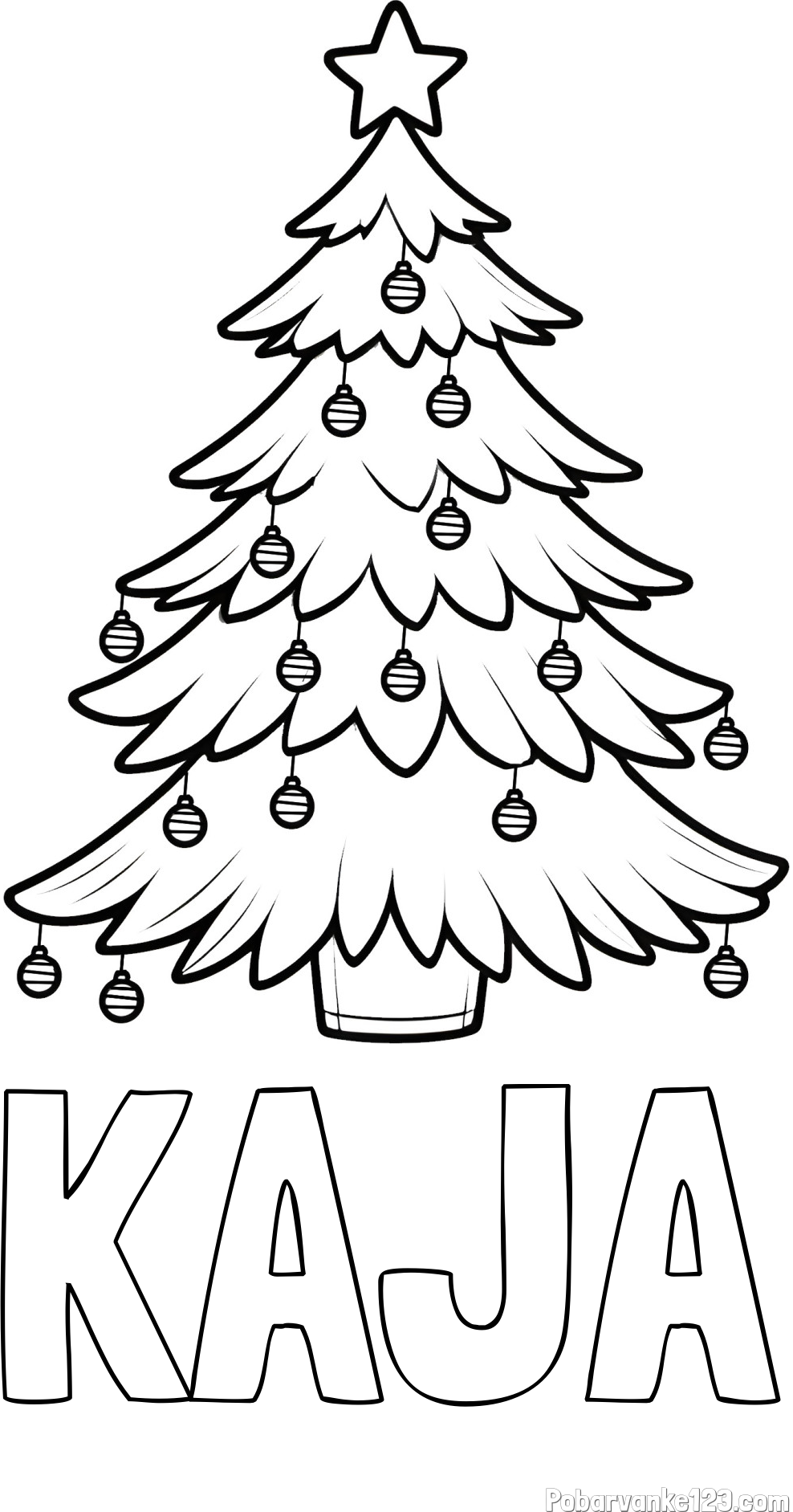 Pobarvanka imena KAJA in pobarvanka božične jelke z božično zvezdico in bunkicami