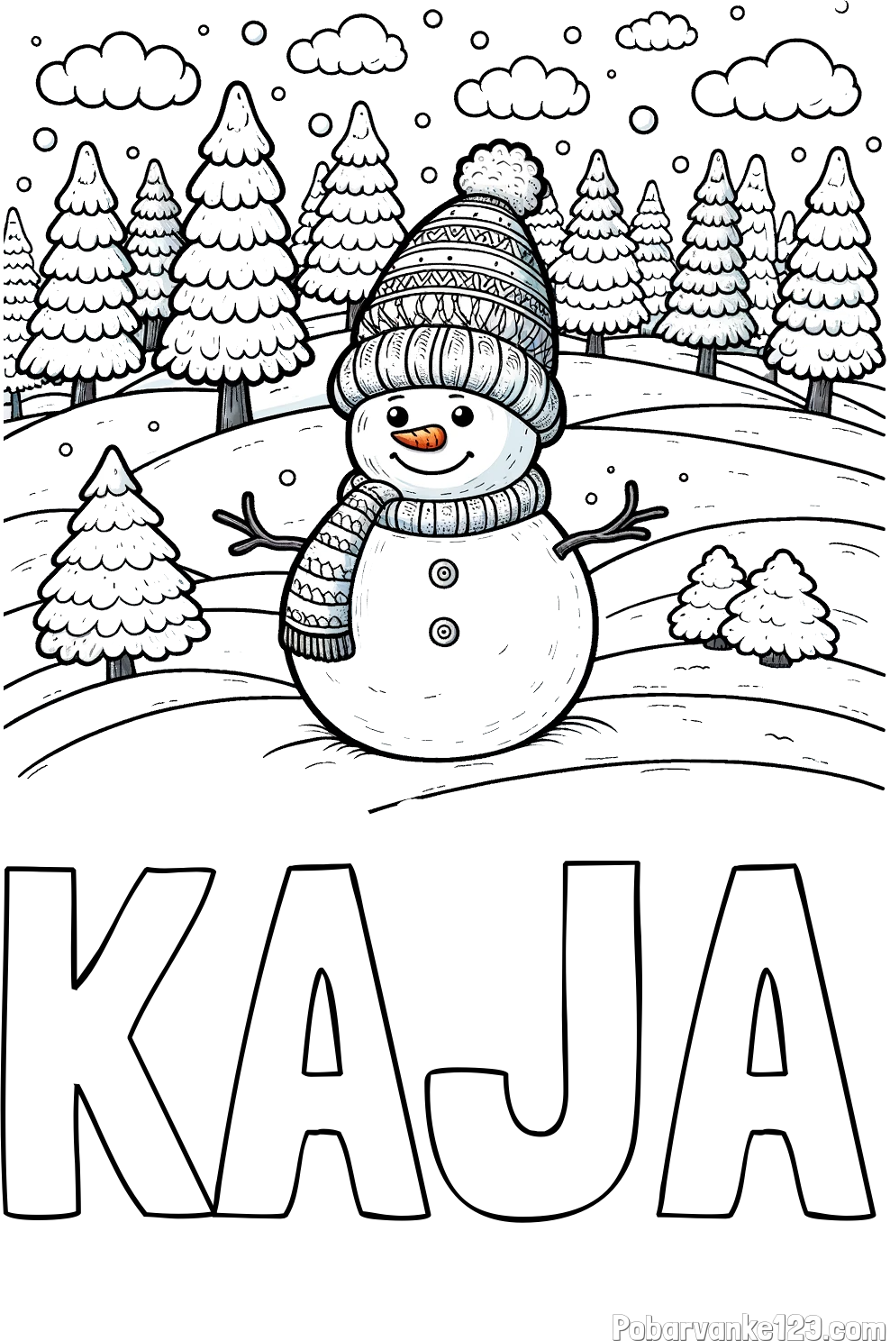 Pobarvanka imena KAJA in pobarvanka snežaka v naravi obdanega z zasneženimi smrekami