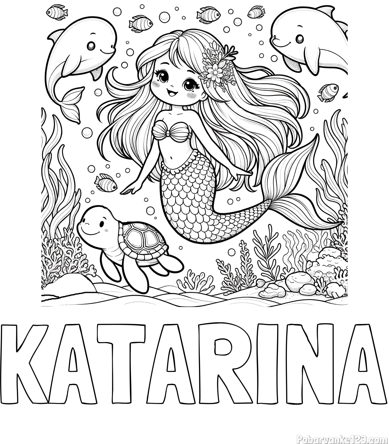 Pobarvanka imena KATARINA in pobarvana ljubke morske deklice s prijatelji