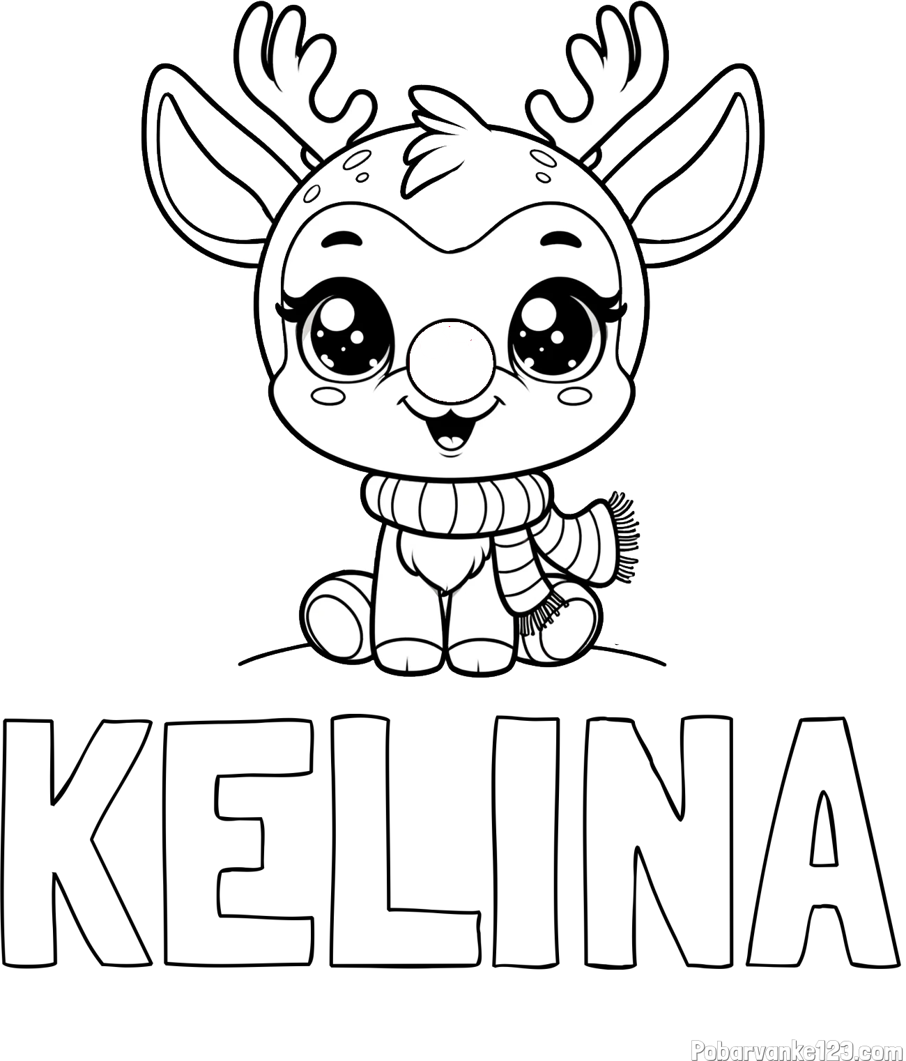 Pobarvanka imena KELINA in otroška pobarvanka jelenčka Rudolfa s šalom okoli vratu