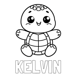 Online izdelana pobarvanka - Pobarvanka imena KELVIN in otroška pobarvanka ljubke in nasmejane želvice