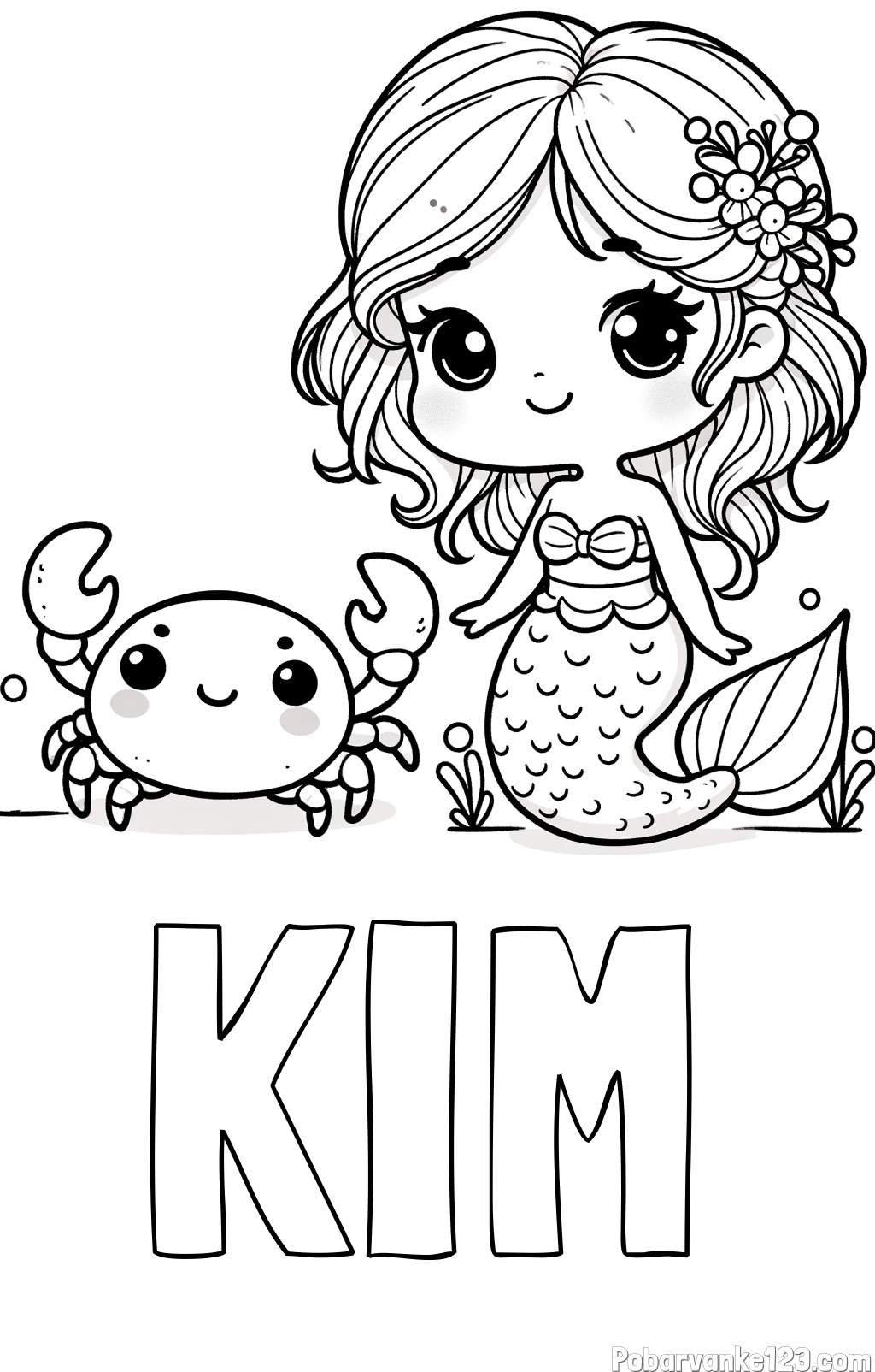 Pobarvanka imena KIM in pobarvanka ljubke morske deklice in veselega raka