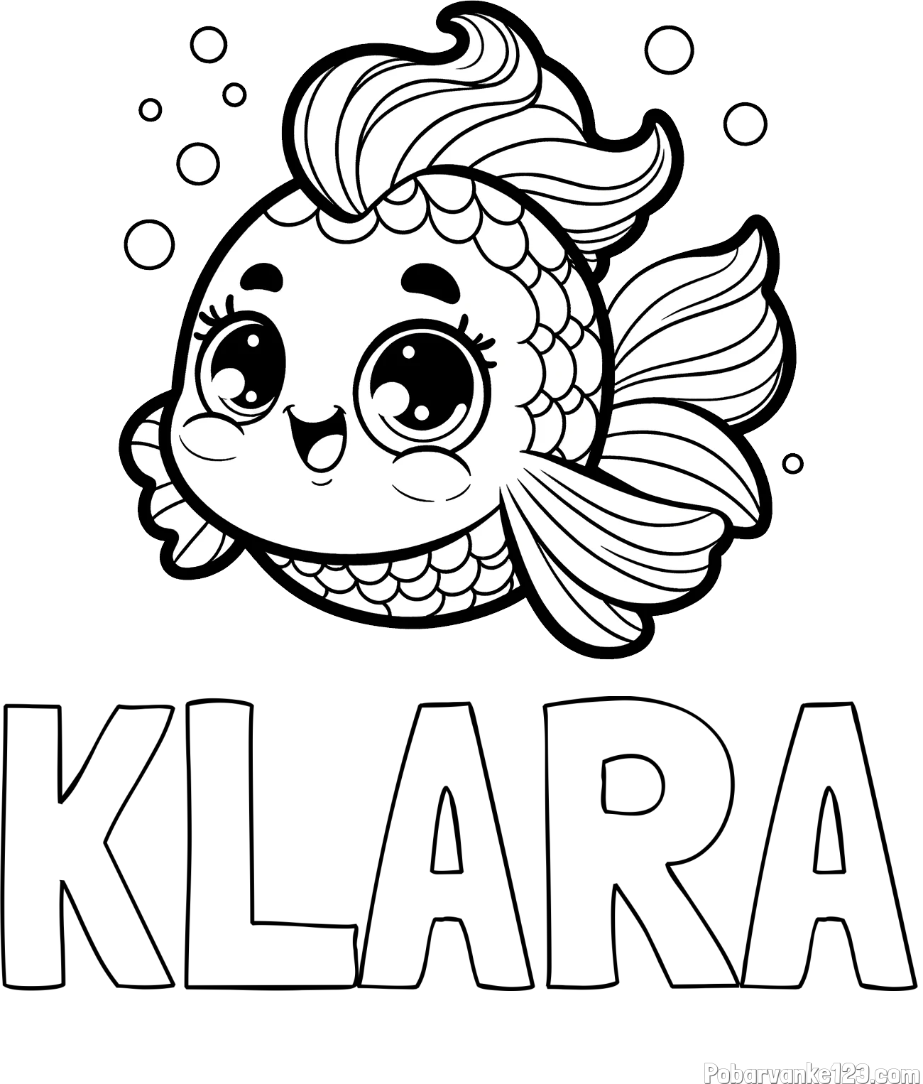 Pobarvanka imena KLARA in pobarvanka ljubke pravljične ribe