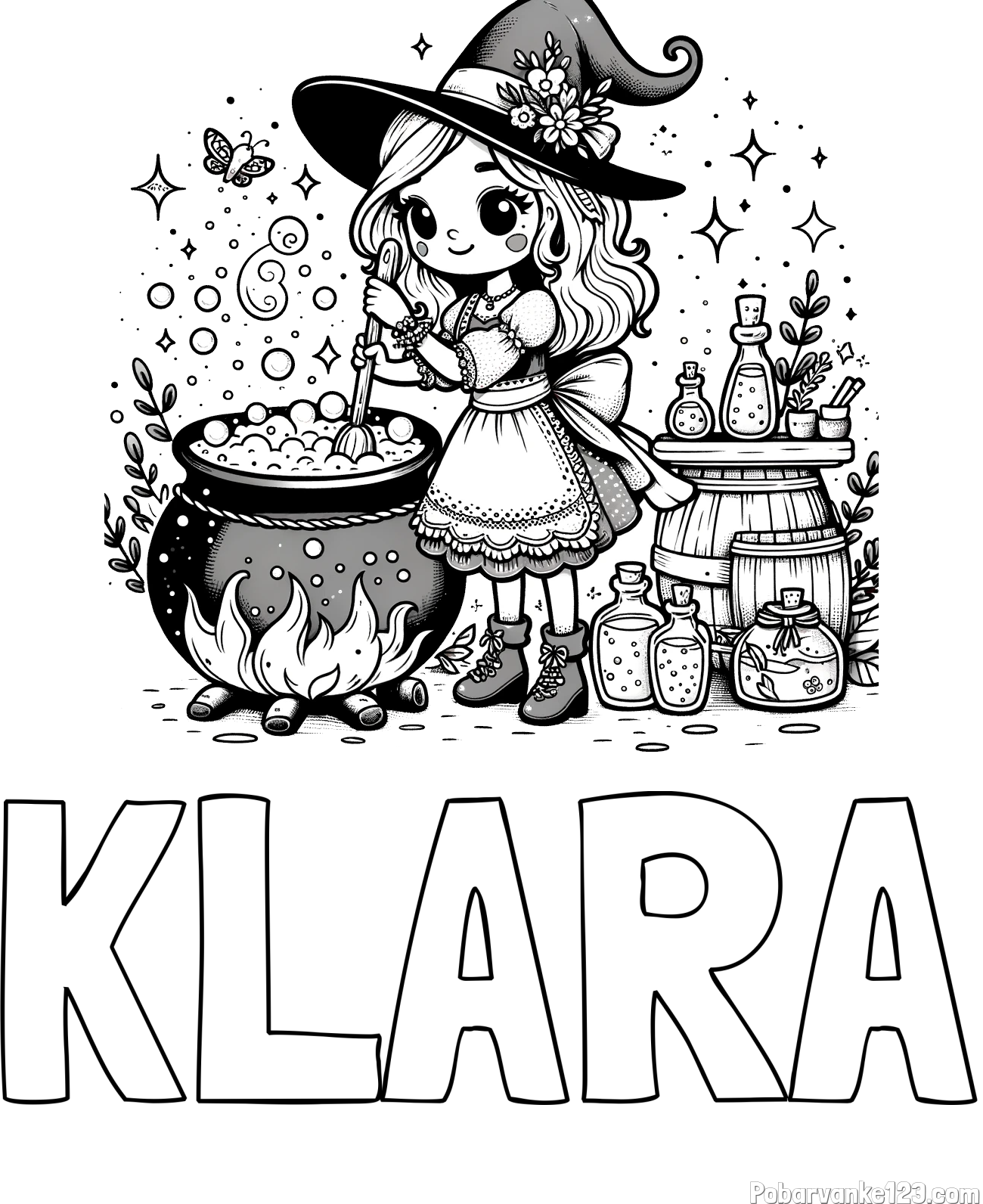 Pobarvanka imena KLARA in pobarvanka prikupna čarovnica, ki pripravlja čarobni napoj