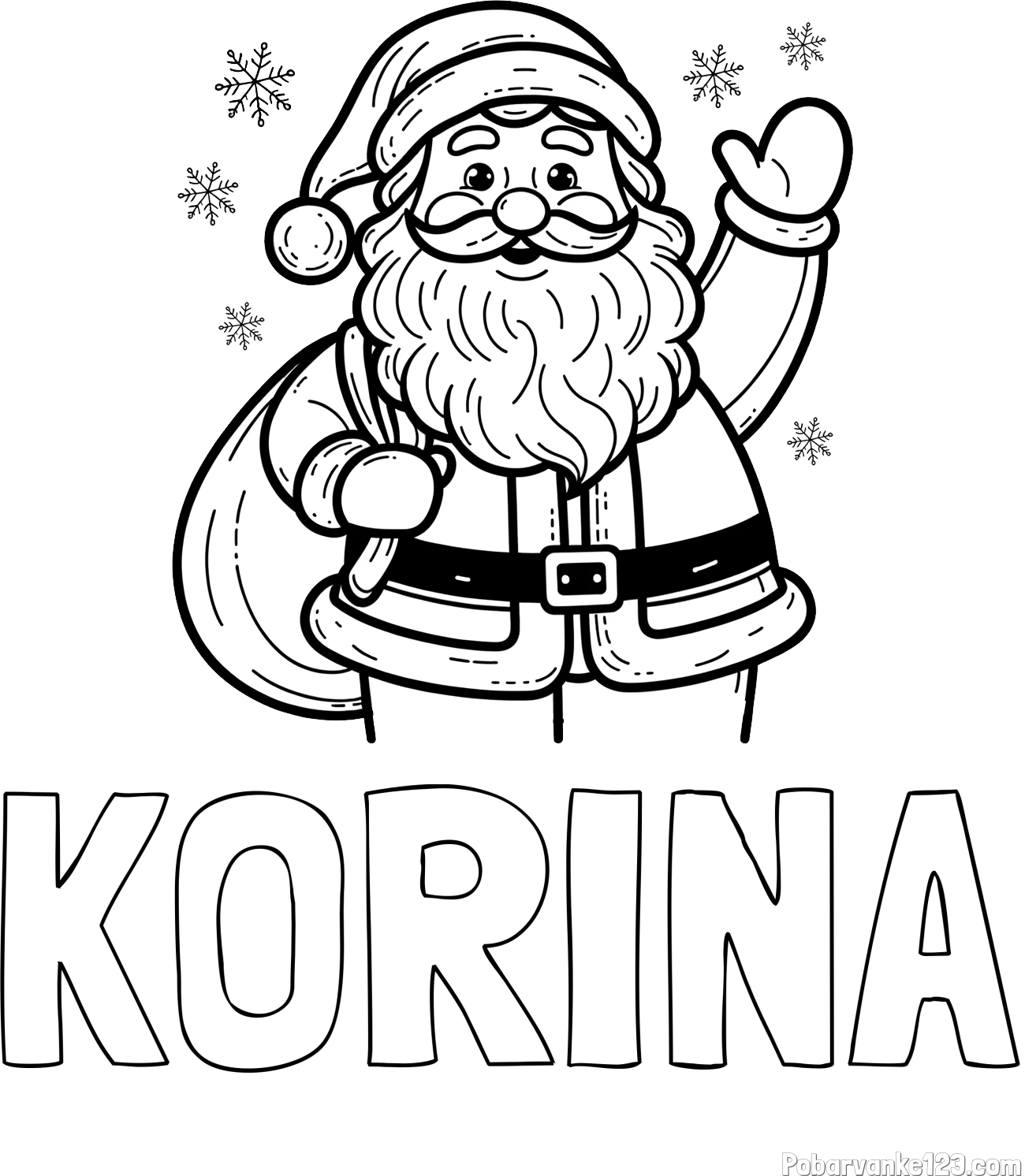 Pobarvanka imena KORINA in pobarvanka nasmejanega Božička s polno vrečo daril