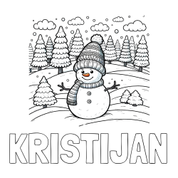 Online izdelana pobarvanka - Pobarvanka imena KRISTIJAN in pobarvanka snežaka v naravi obdanega z zasneženimi smrekami
