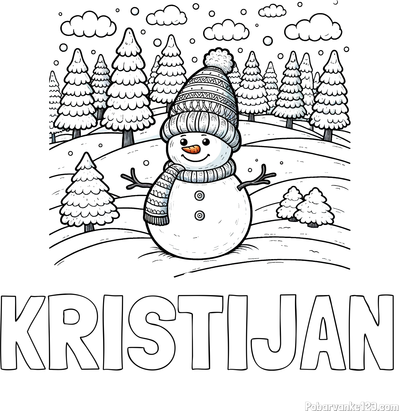 Pobarvanka imena KRISTIJAN in pobarvanka snežaka v naravi obdanega z zasneženimi smrekami