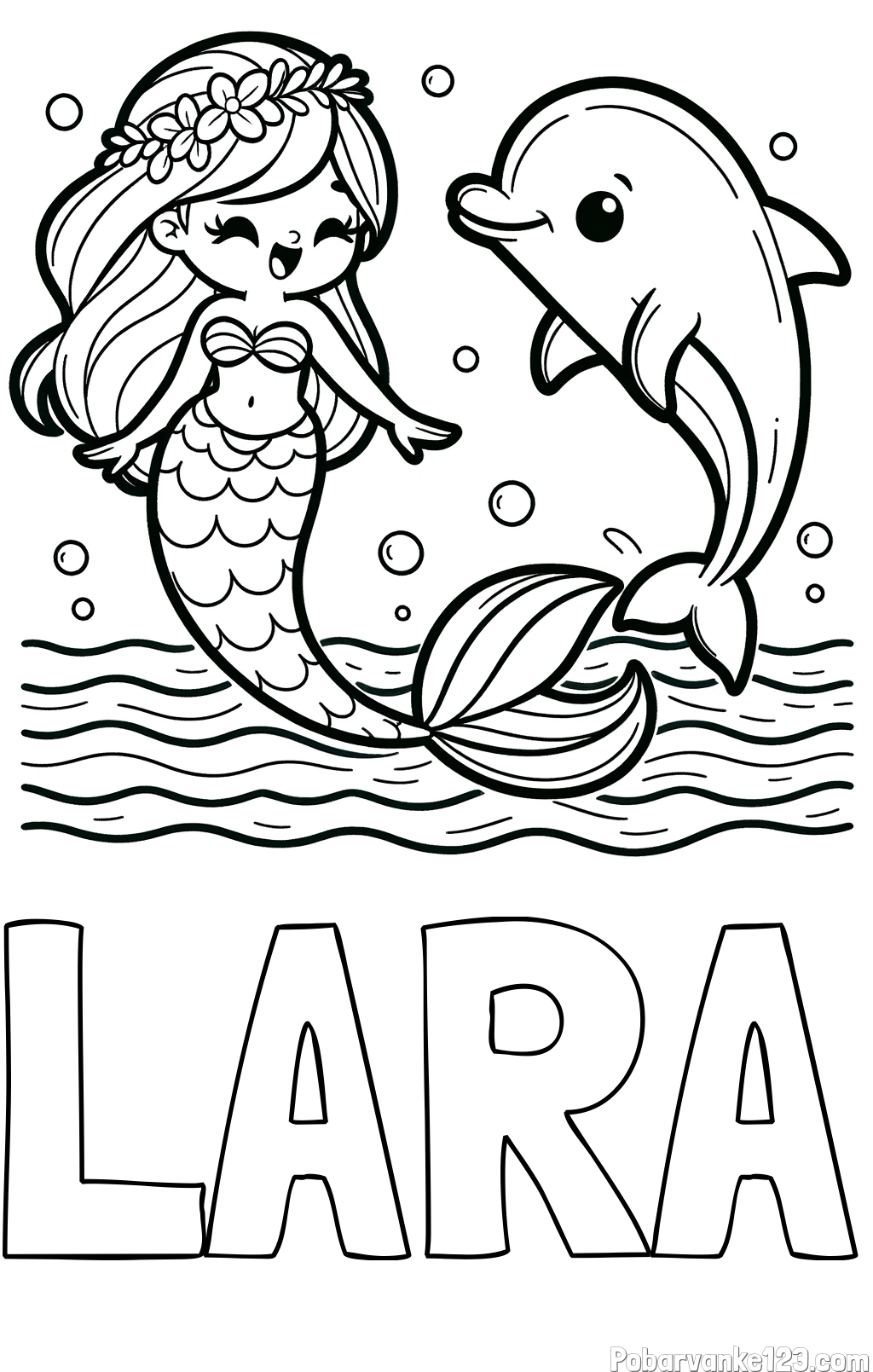 Pobarvanka imena LARA in pobarvanka ljubke morske deklice, ki pleše z delfinom