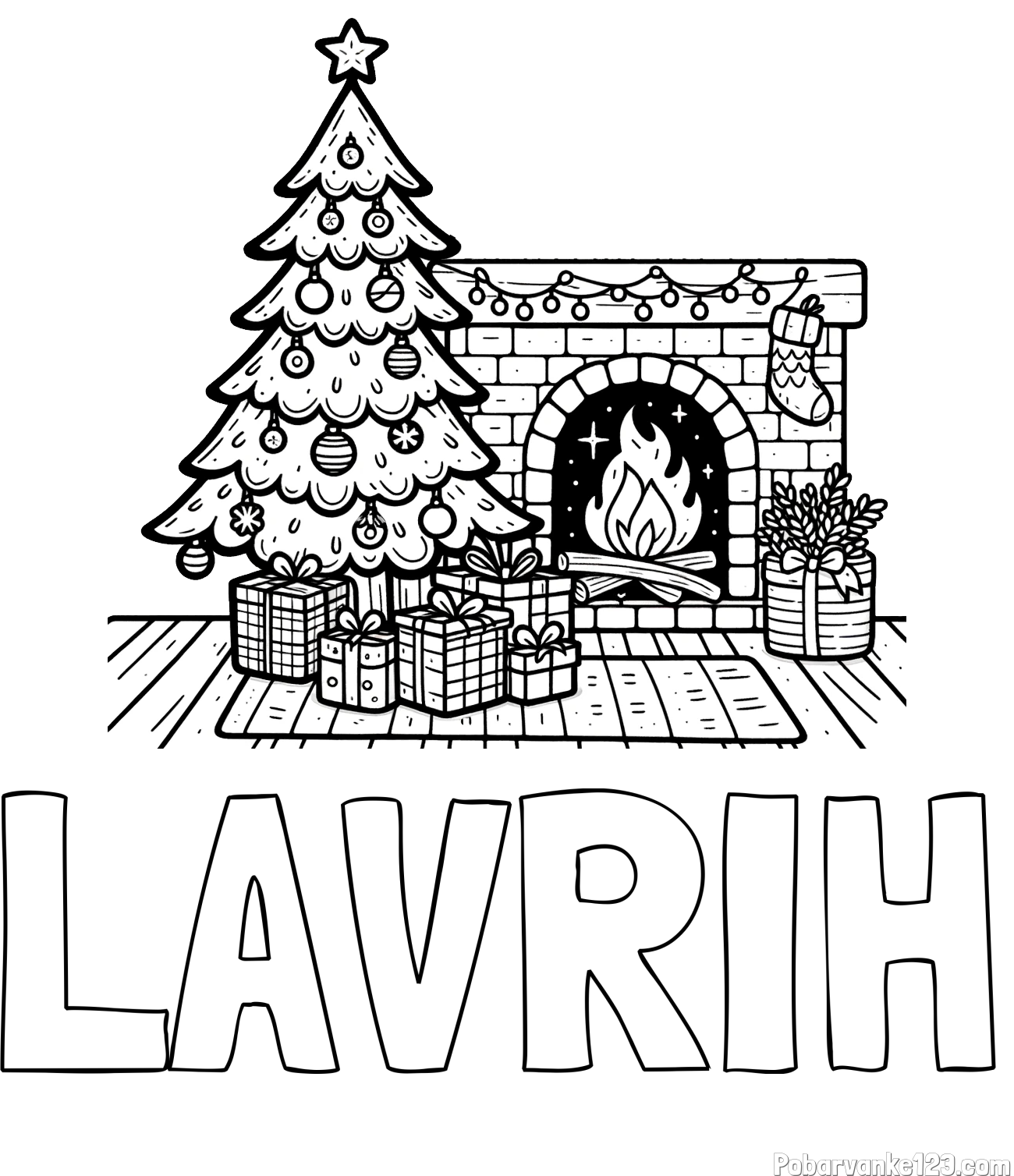 Pobarvanka imena LAVRIH in pobarvanka božične noči z božično smrečico, darili ter kaminom
