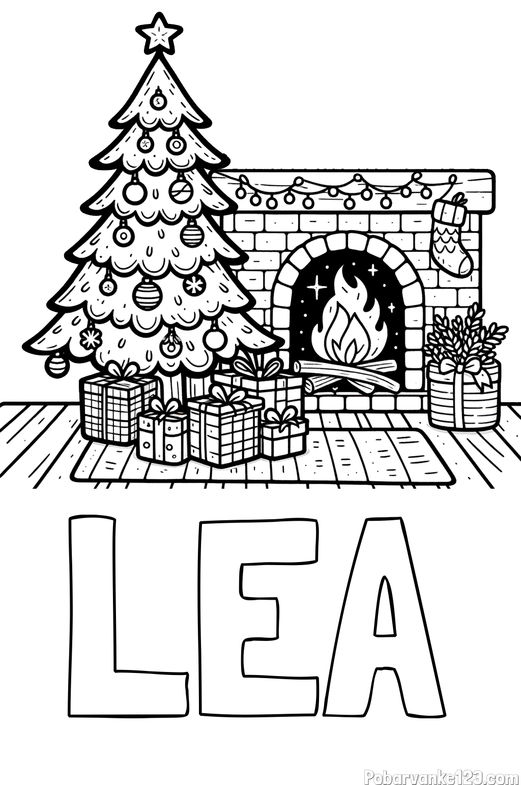Pobarvanka imena LEA in pobarvanka božične noči z božično smrečico, darili ter kaminom