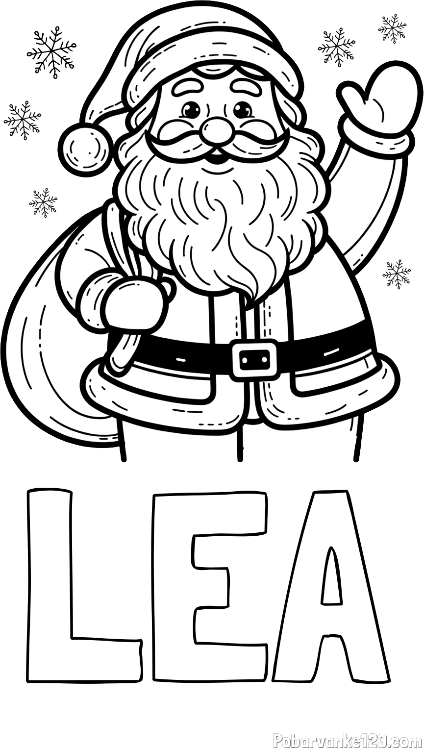 Pobarvanka imena LEA in pobarvanka nasmejanega Božička s polno vrečo daril