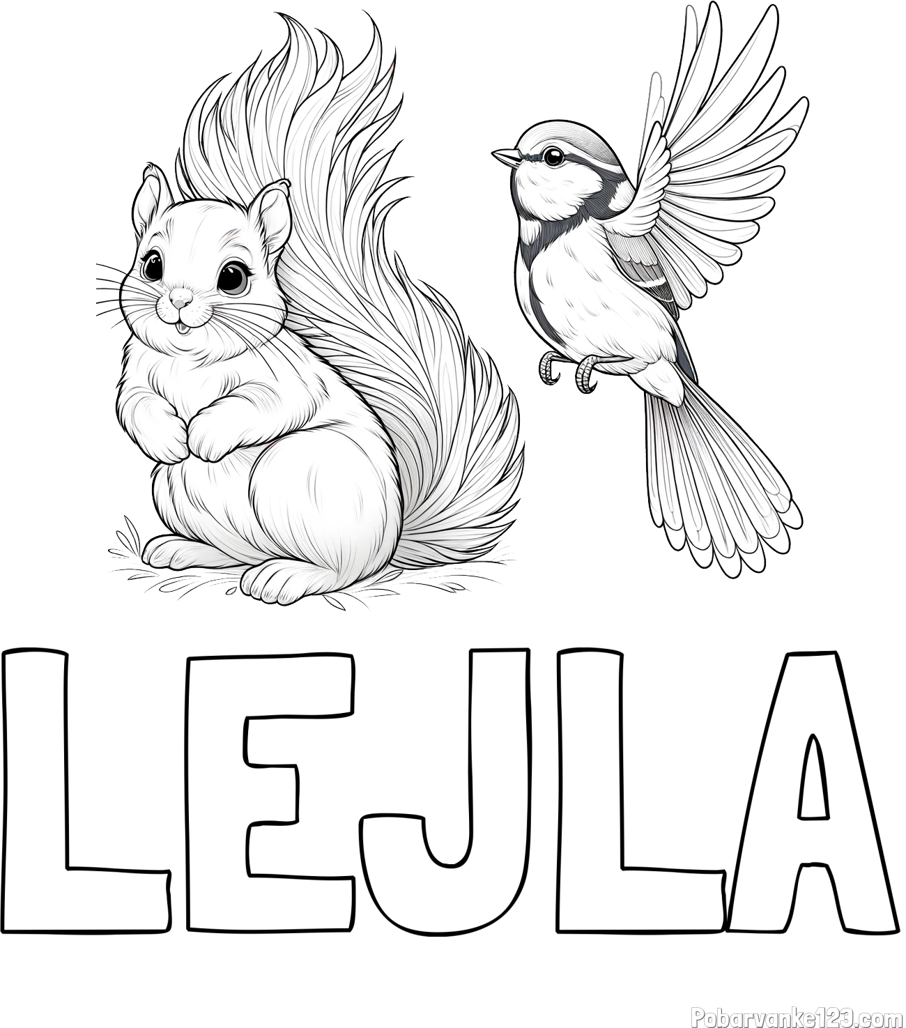 Pobarvanka imena LEJLA in pobarvanka veverice in ptičke