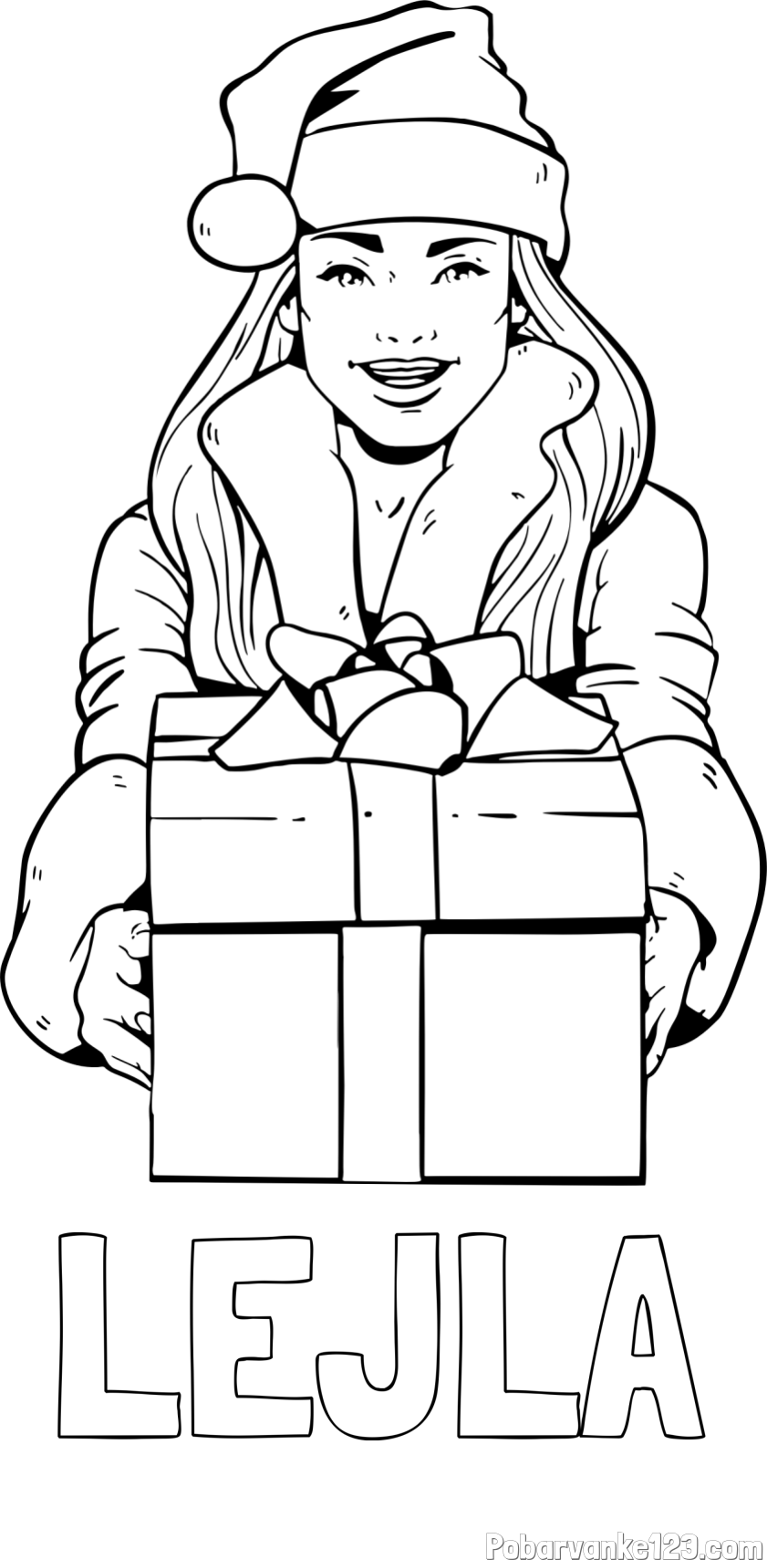 Pobarvanka imena LEJLA in pobarvanka ženske oblečene v Božička z darilom