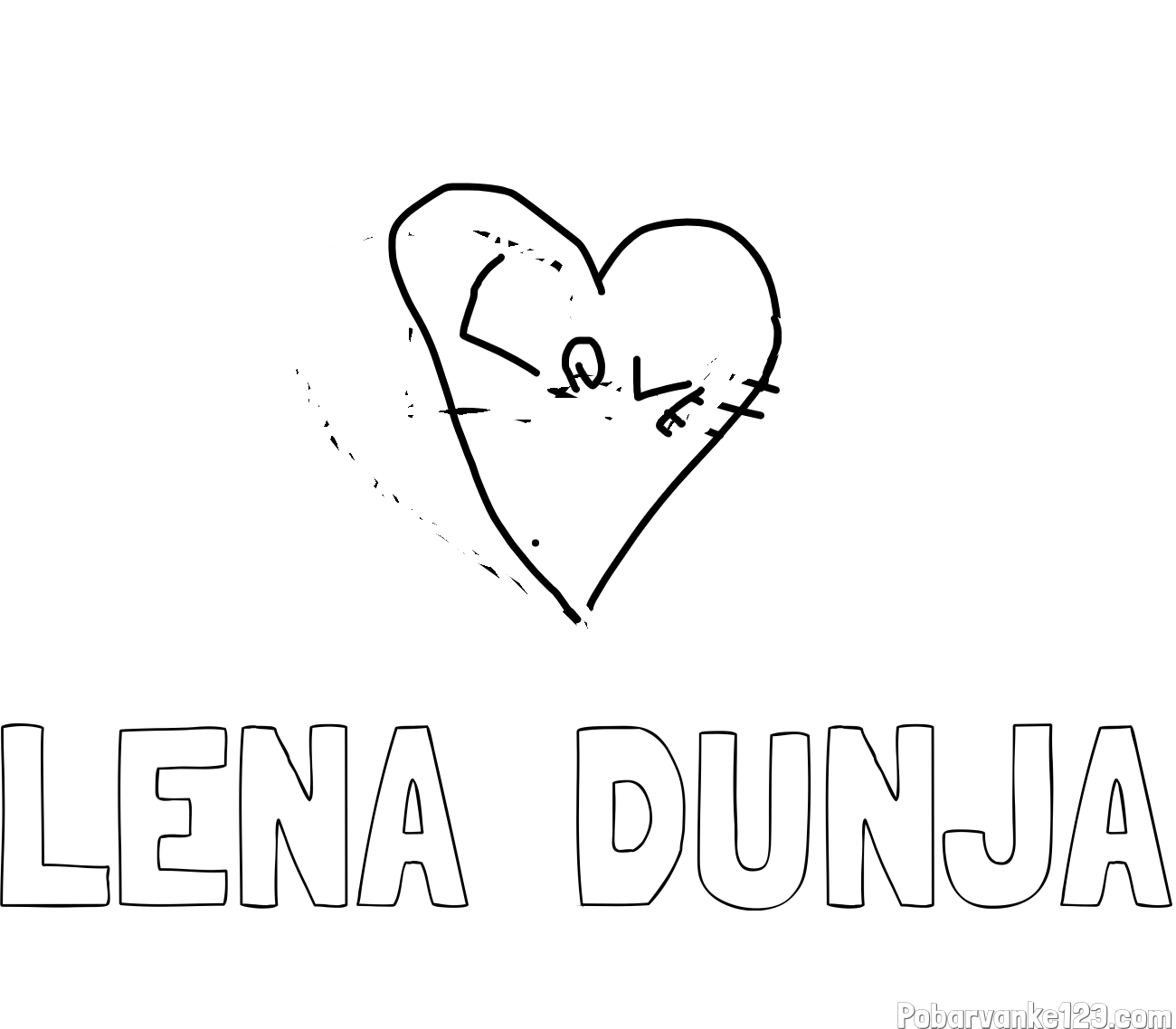 Pobarvanka imena LENA  DUNJA in srce z napisom love