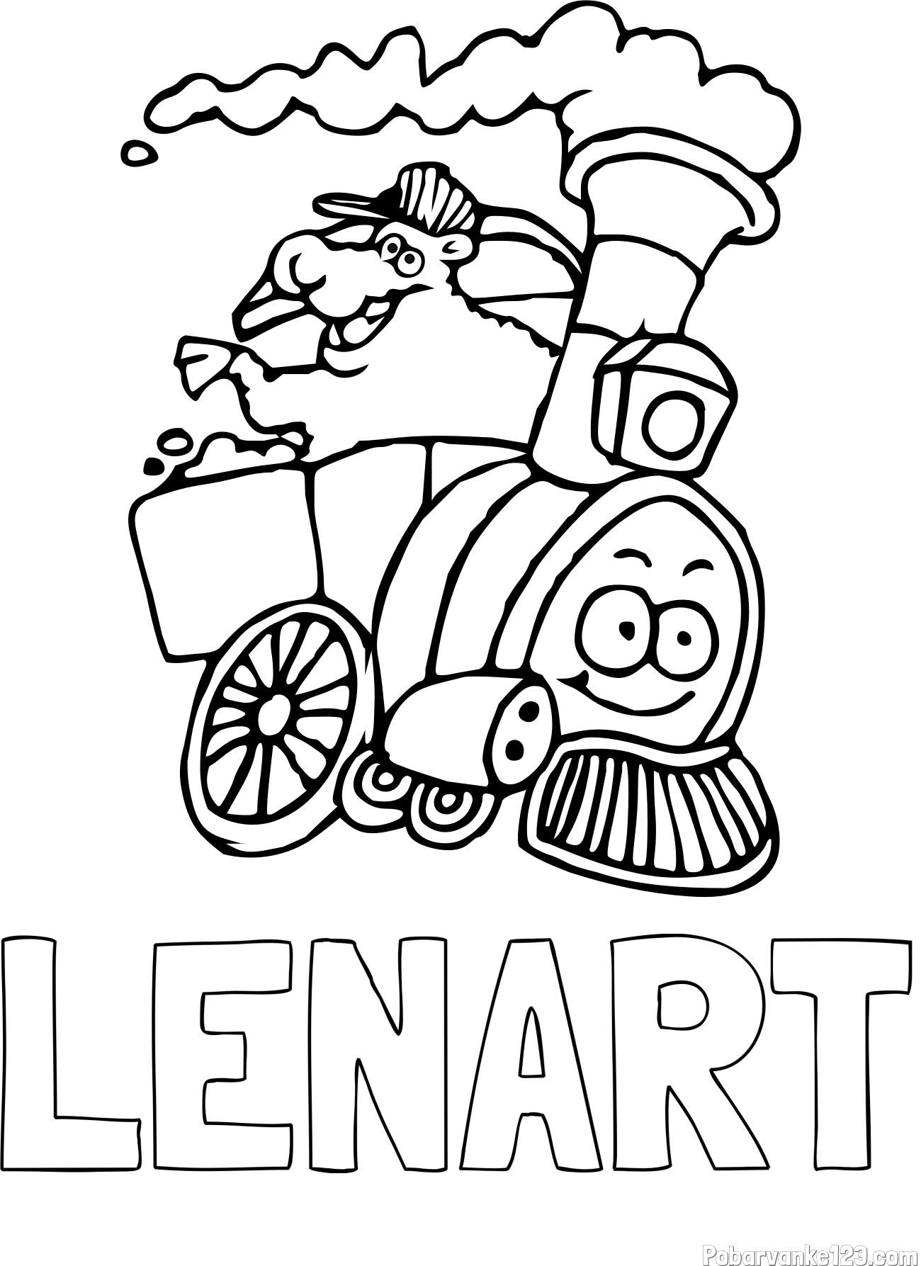 Pobarvanka imena LENART in otroška pobarvanka vesele lokomotive
