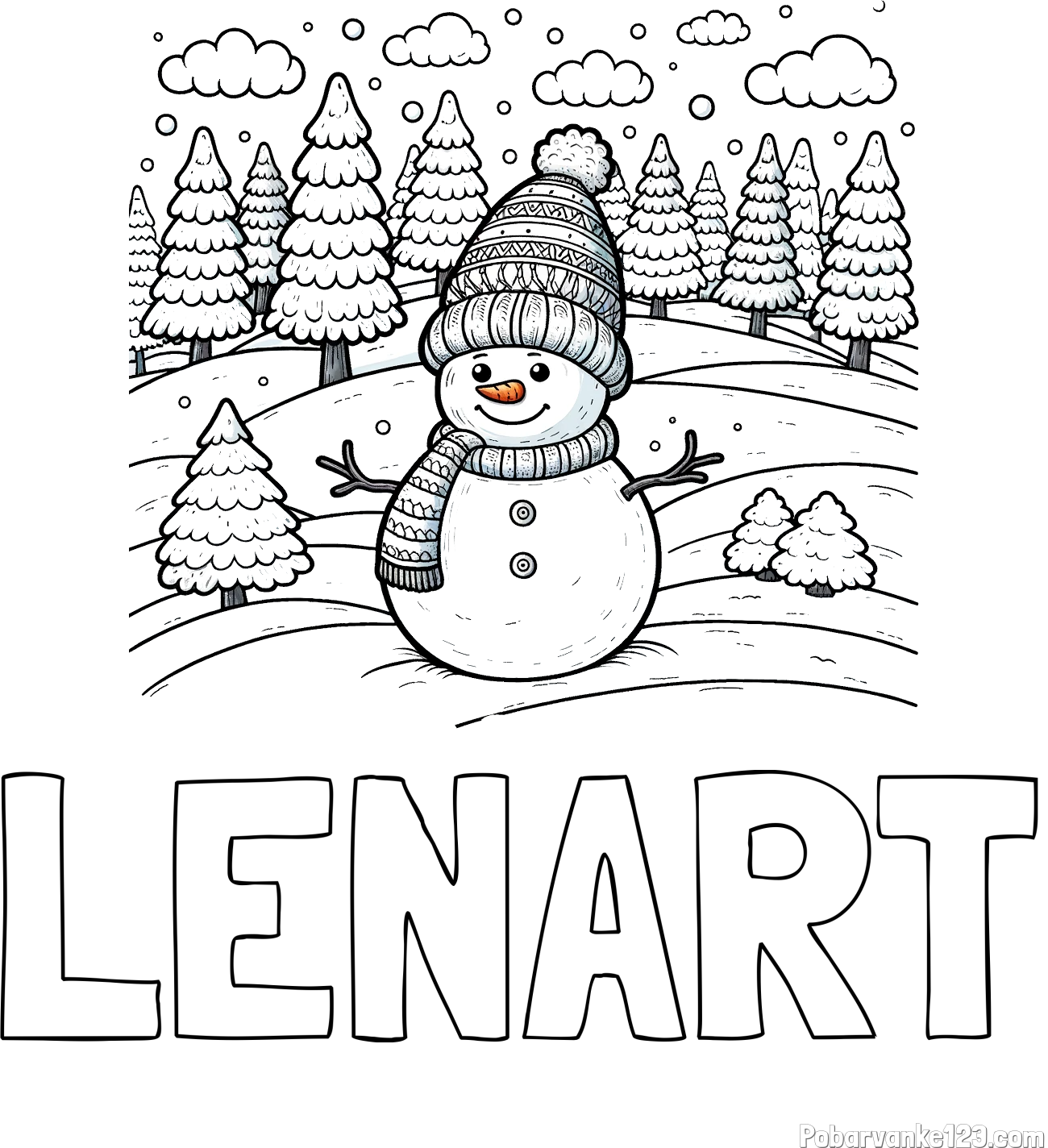 Pobarvanka imena LENART in pobarvanka snežaka v naravi obdanega z zasneženimi smrekami