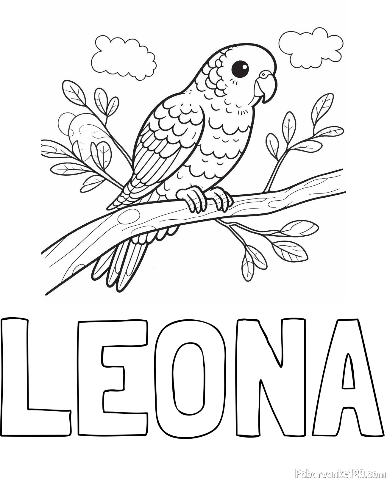 Pobarvanka imena LEONA in pobarvanka ljubkega kanarčka na veji