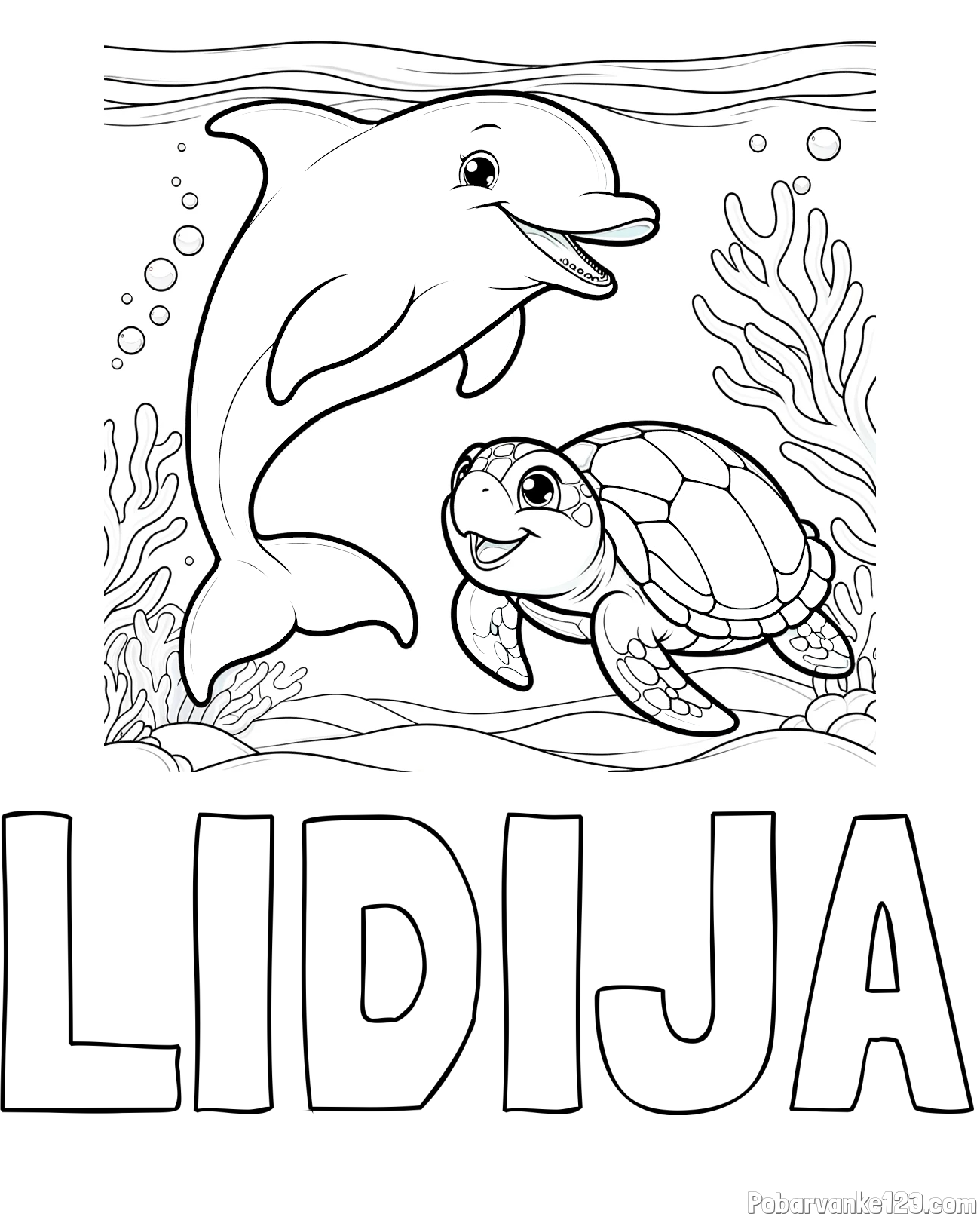 Pobarvanka imena LIDIJA in pobarvanka ljubkega delfina z želvo v morju