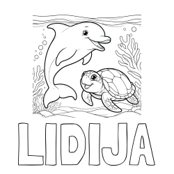 Online izdelana pobarvanka - Pobarvanka imena LIDIJA in pobarvanka ljubkega delfina z želvo v morju