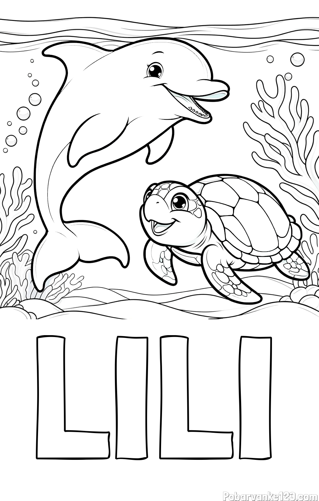 Pobarvanka imena LILI in pobarvanka ljubkega delfina z želvo v morju