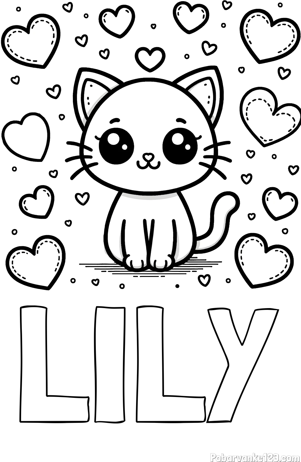 Pobarvanka imena LILY in pobarvanka ljubke mucke obdane z veliko srčki