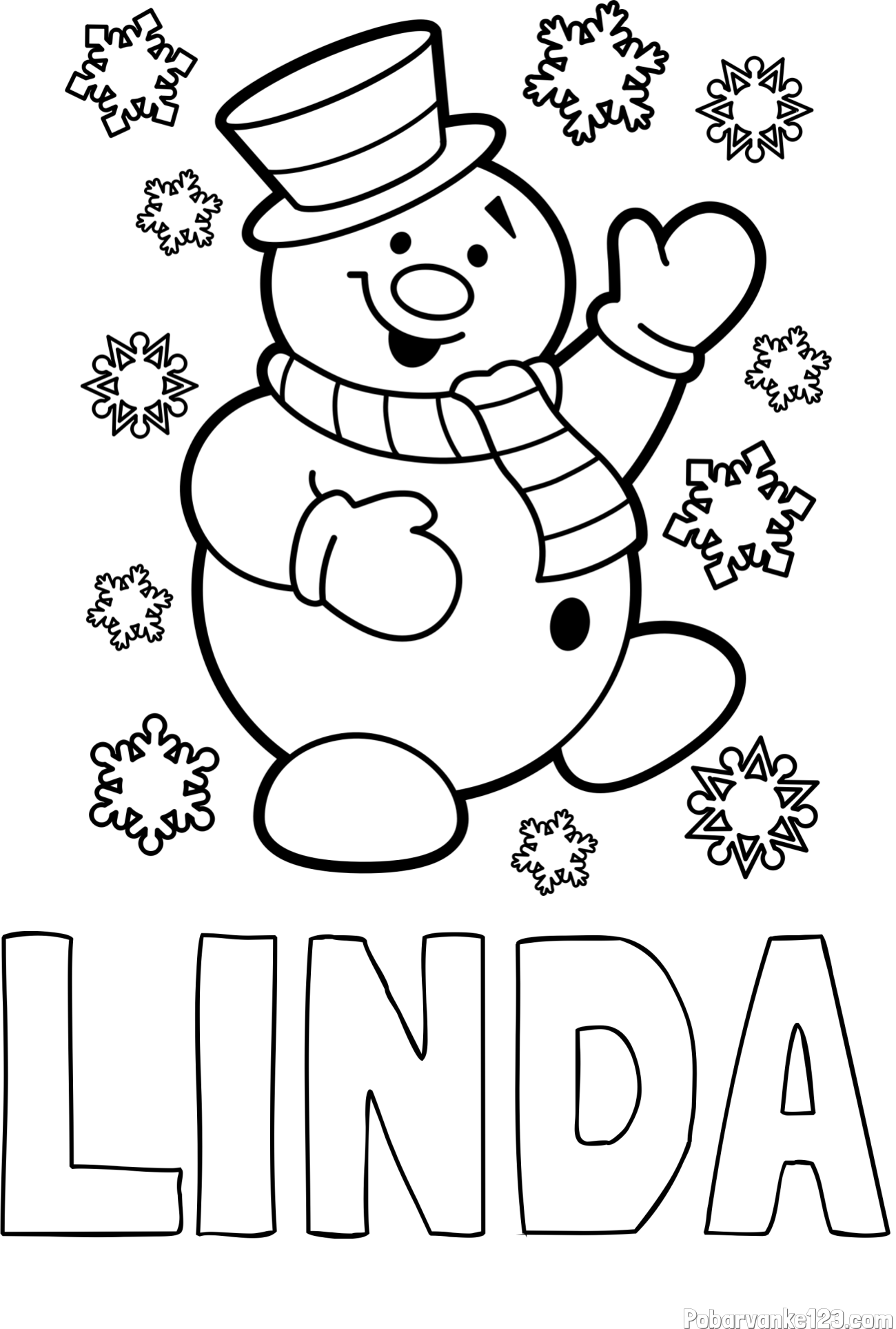 Pobarvanka imena LINDA in pobarvanka veselega snežaka