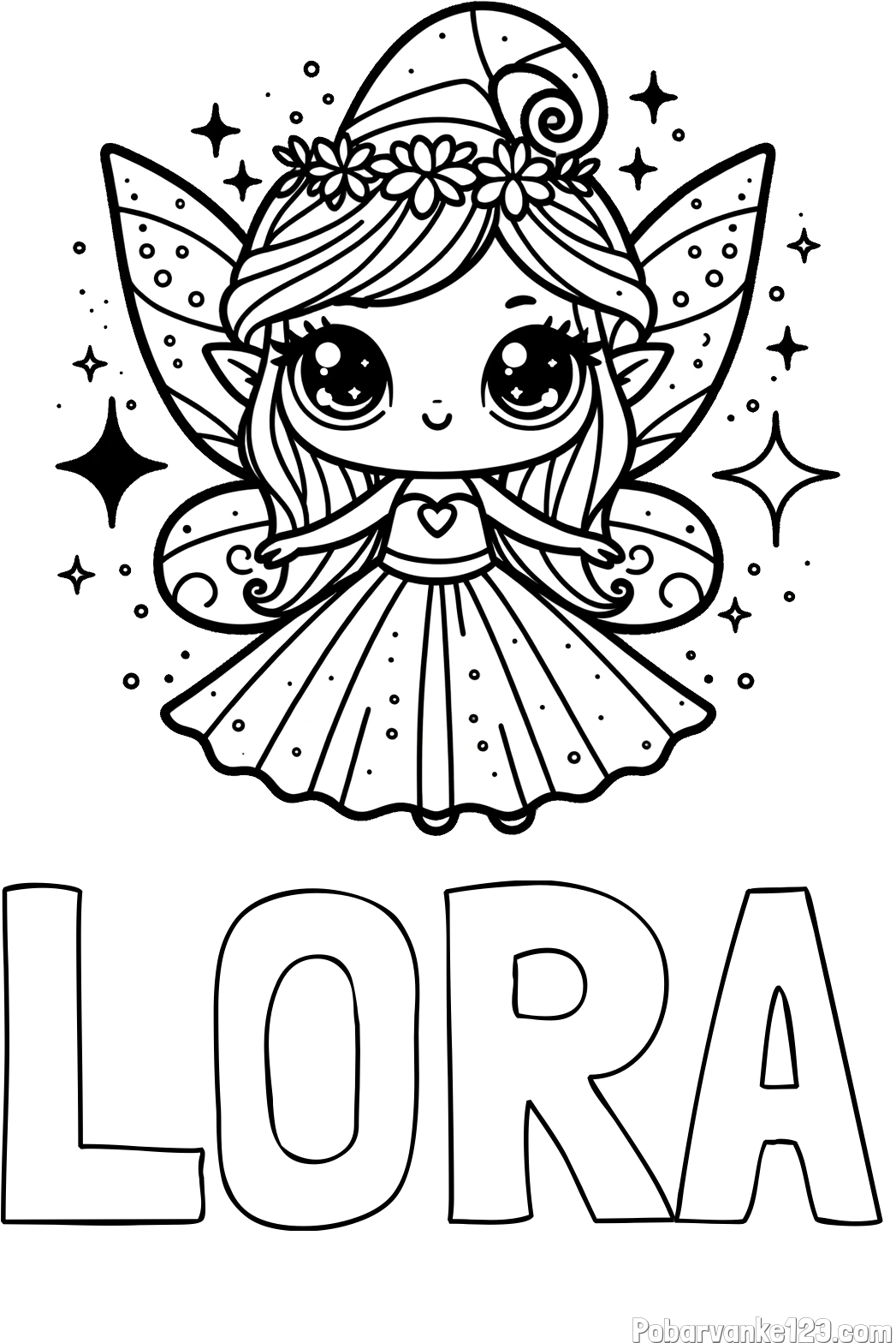 Pobarvanka imena LORA in prikupna čarobna vila