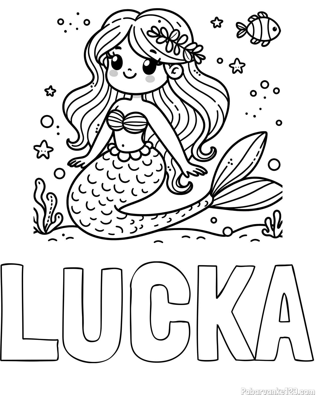 Pobarvanka imena LUČKA in pobarvanka ljubke morske deklice v morju