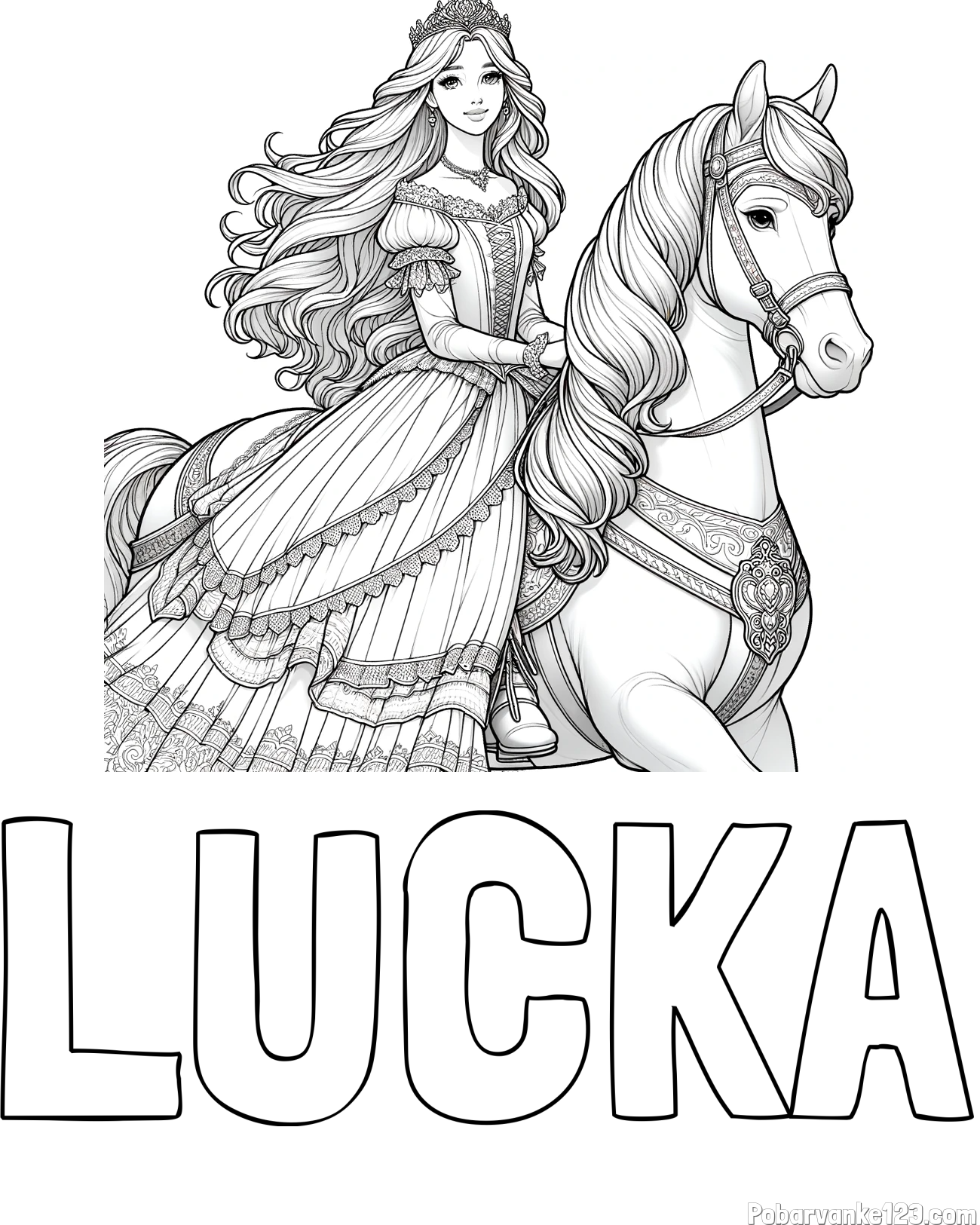 Pobarvanka imena LUČKA in pobarvanka nasmejana princese na konju