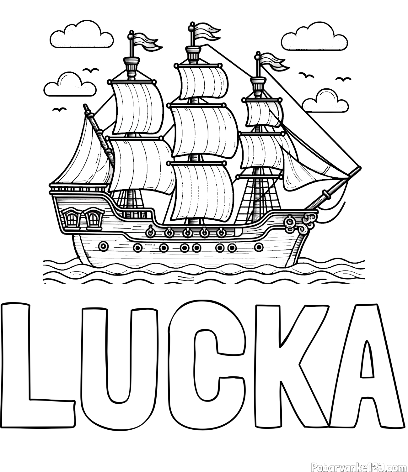 Pobarvanka imena LUČKA in pobarvanka stare gusarske ladje
